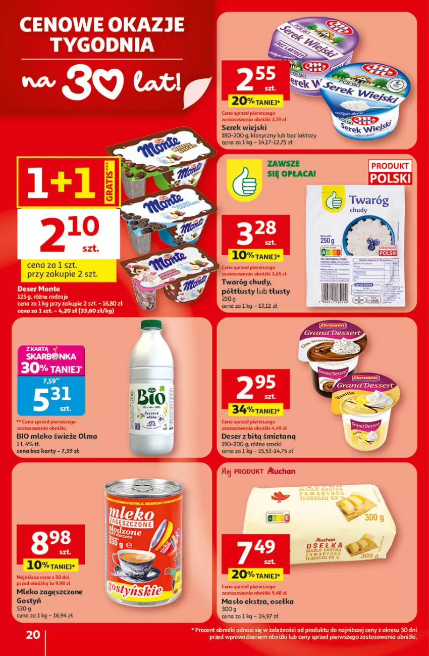 Gazetka promocyjna Auchan - Gazetka 30 Lat Hipermarket Auchan - ważna 09.04 do 15.04.2026 - strona 20 - produkty: Ba!, Deser, Masło, Mleko, Mleko zagęszczone, Olma, Ser, Serek, Serek wiejski, Twaróg, Twaróg chudy