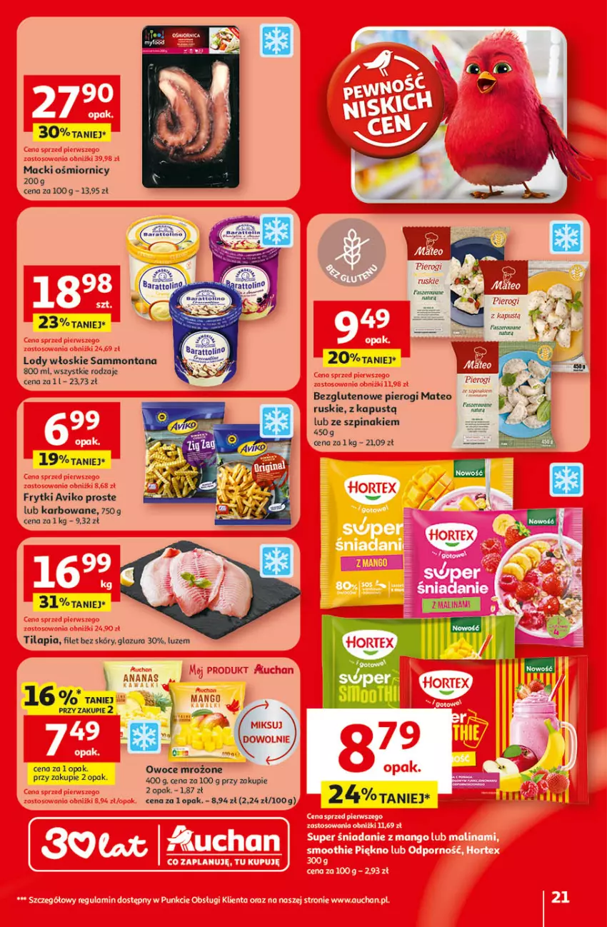 Gazetka promocyjna Auchan - Gazetka 30 Lat Hipermarket Auchan - ważna 09.04 do 15.04.2026 - strona 21 - produkty: Ananas, Frytki, Glazura, Kapustą, Lazur, Lody, Mango, Owoce, Pierogi, Szpinak, Tilapia