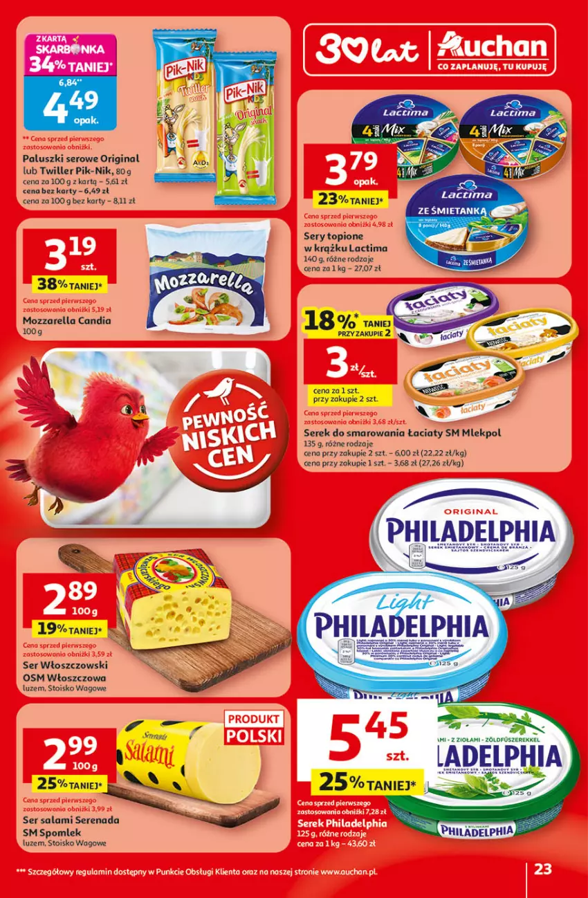 Gazetka promocyjna Auchan - Gazetka 30 Lat Hipermarket Auchan - ważna 09.04 do 15.04.2026 - strona 23 - produkty: Gin, Mozzarella, Philadelphia, Salami, Ser, Ser salami, Serek, Tago, Top, Włoszczowski