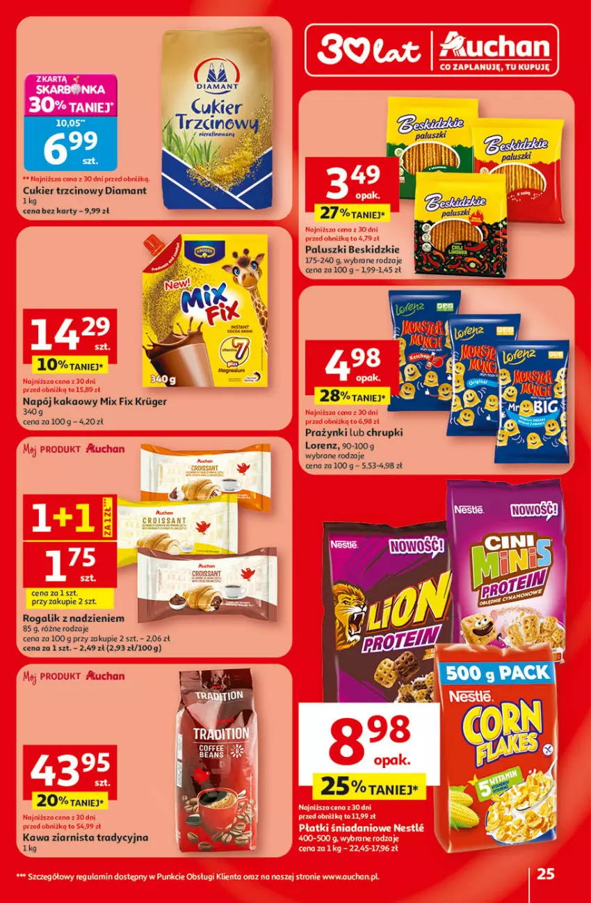 Gazetka promocyjna Auchan - Gazetka 30 Lat Hipermarket Auchan - ważna 09.04 do 15.04.2026 - strona 25 - produkty: Beskidzki, Chrupki, Cukier, Cukier trzcinowy, Diamant, Kakao, Kawa, Kawa ziarnista, Lorenz, Napój, Rogal