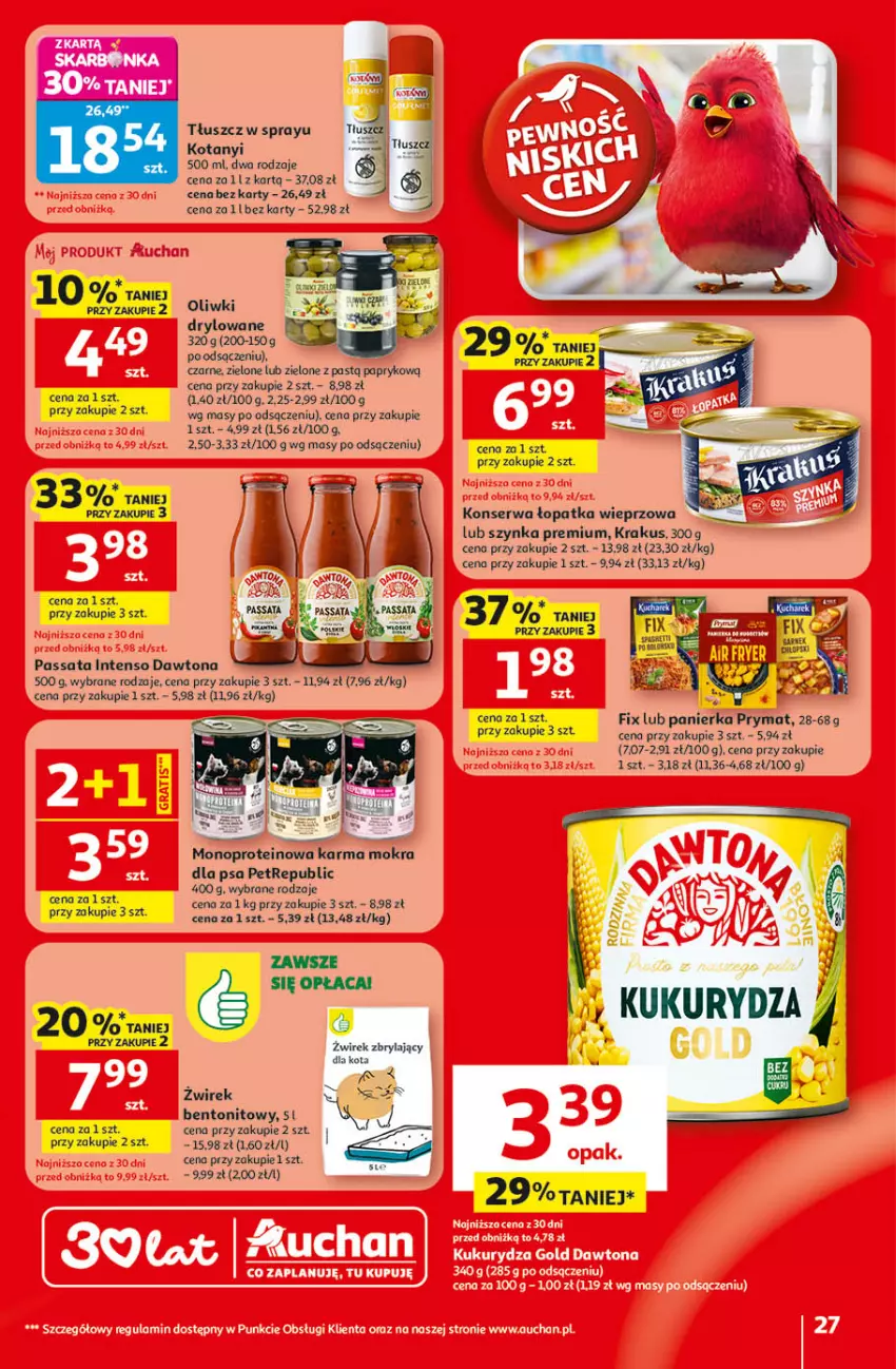 Gazetka promocyjna Auchan - Gazetka 30 Lat Hipermarket Auchan - ważna 09.04 do 15.04.2026 - strona 27 - produkty: Dawtona, Krakus, Kukurydza, Oliwki, Prymat, Ser, Szynka, Szynka premium