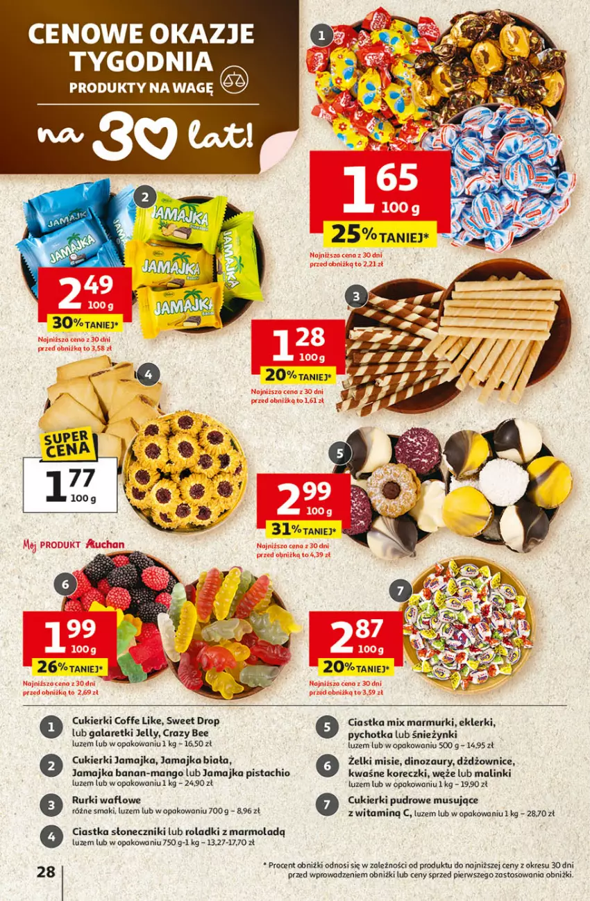 Gazetka promocyjna Auchan - Gazetka 30 Lat Hipermarket Auchan - ważna 09.04 do 15.04.2026 - strona 28 - produkty: Ciastka, Cukier, Cukierki, Dinozaur, Gala, Galaretki, Mango, Mola, Mus, Rurki