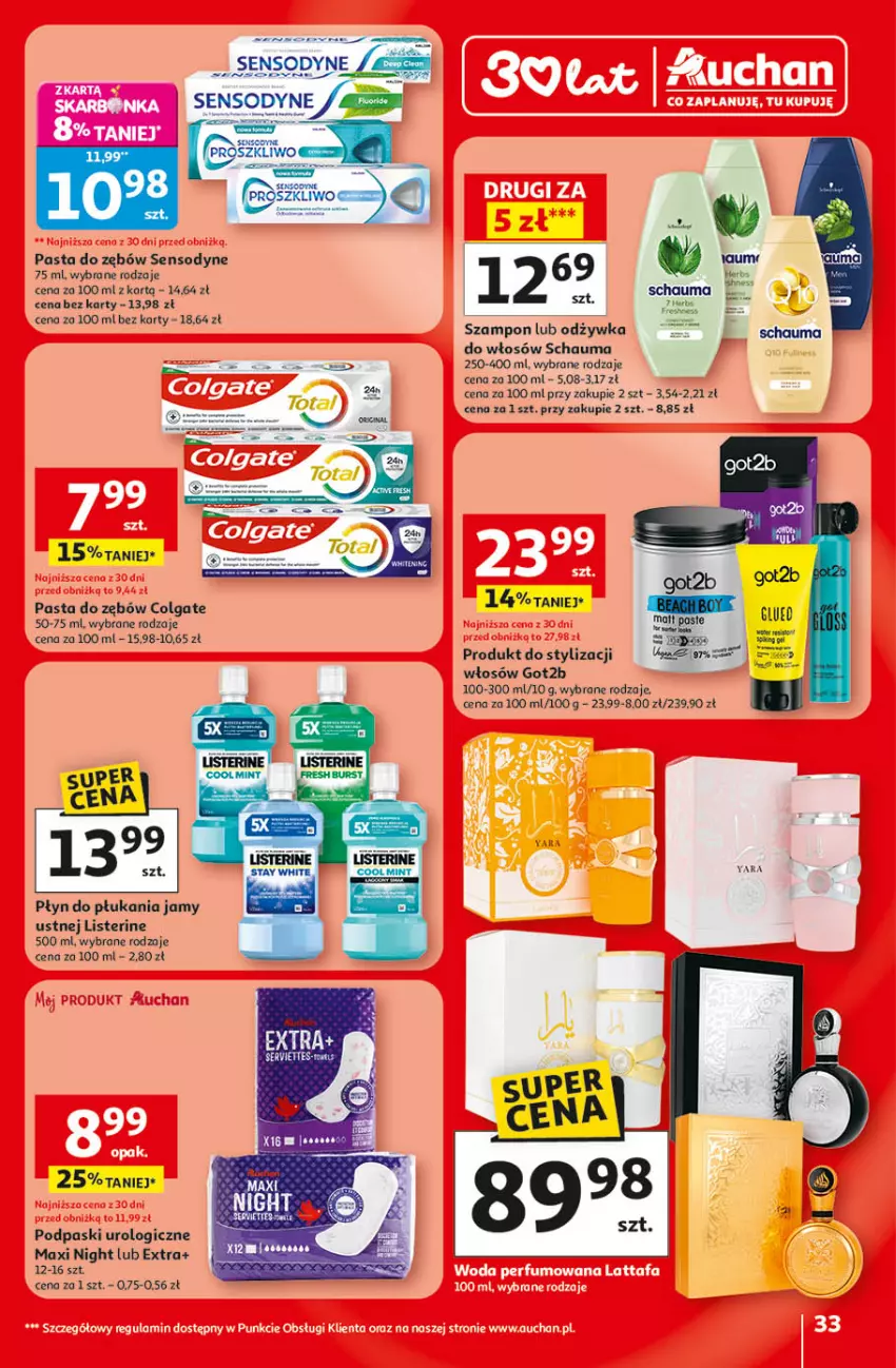 Gazetka promocyjna Auchan - Gazetka 30 Lat Hipermarket Auchan - ważna 09.04 do 15.04.2026 - strona 33 - produkty: Colgate, Duda, Fa, Got2b, LG, Listerine, Odzywka do włosów, Pasta do zębów, Płyn do płukania, Płyn do płukania jamy ustnej, Podpaski, Schauma, Sensodyne