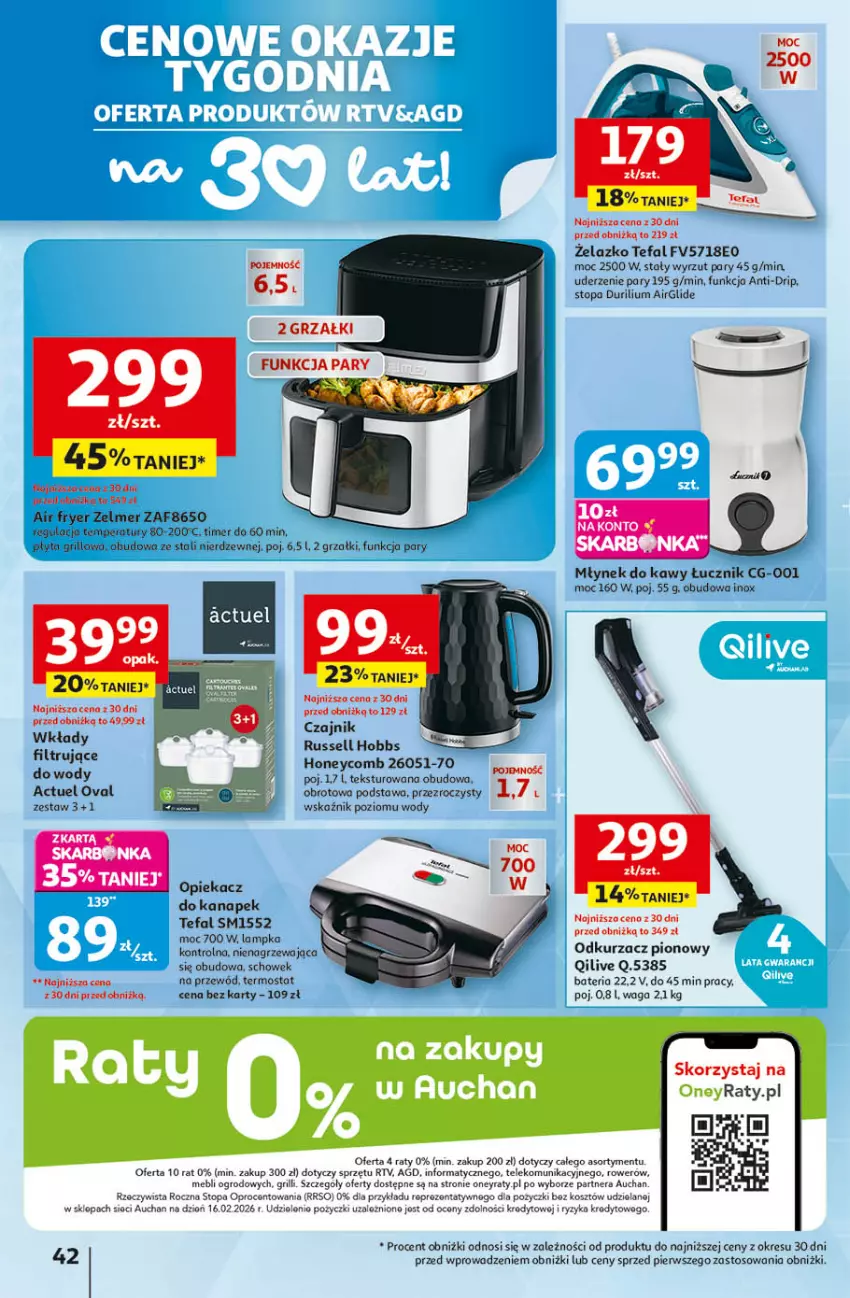 Gazetka promocyjna Auchan - Gazetka 30 Lat Hipermarket Auchan - ważna 09.04 do 15.04.2026 - strona 42 - produkty: Bateria, Czajnik, Fa, Kosz, Młynek, Młynek do kawy, Odkurzacz, Płyta, Przewód, Rower, Tefal, Termos, Top, Waga, Zelmer