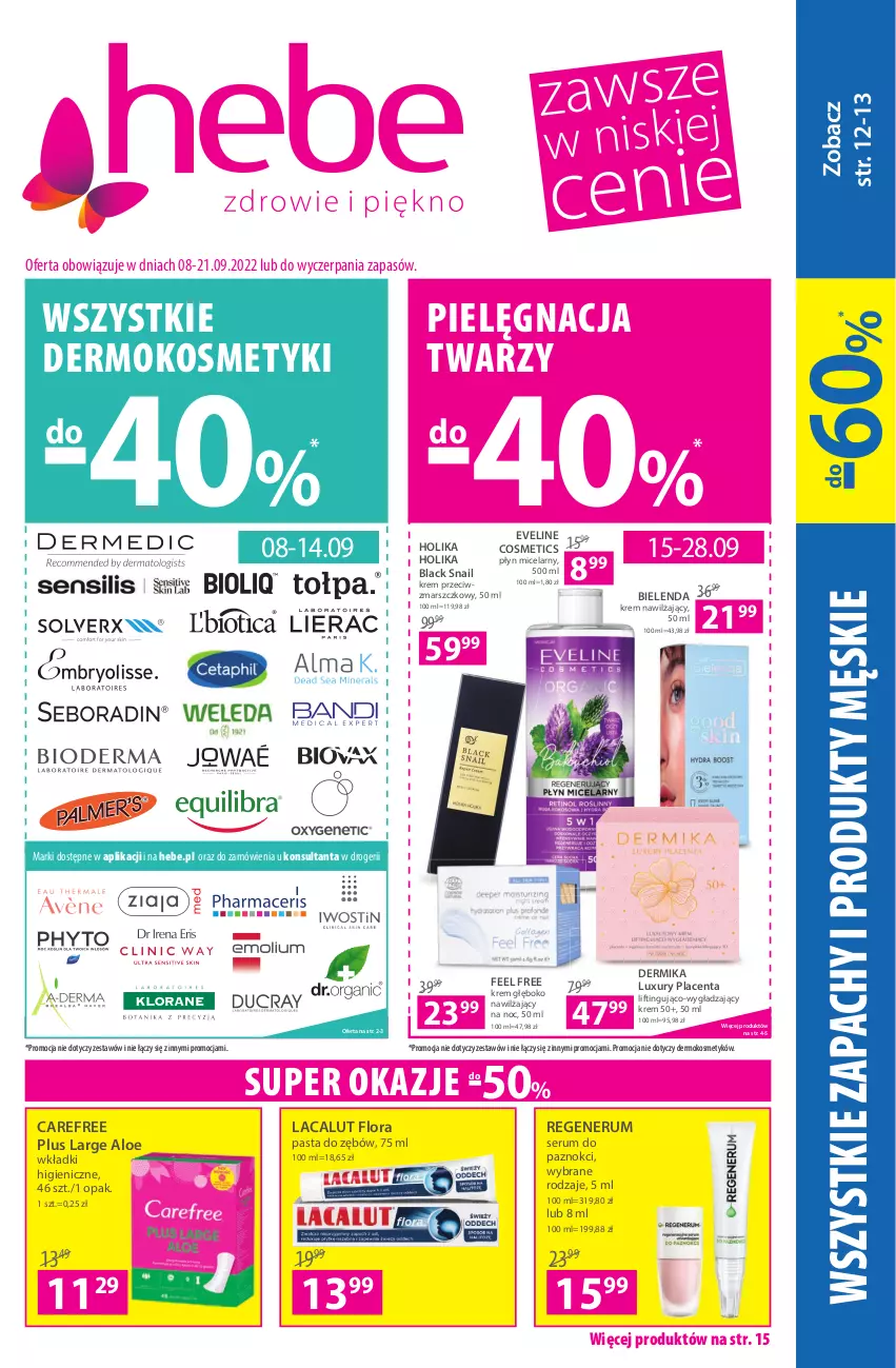 Gazetka promocyjna Hebe - Gazetka - ważna 08.09 do 21.09.2022 - strona 1 - produkty: Bielenda, Carefree, Dermika, Eveline, Flora, Holika Holika, Krem nawilżający, Krem przeciwzmarszczkowy, Lacalut, Lack, Mars, Pasta do zębów, Płyn micelarny, Rum, Ser, Serum, Wkładki