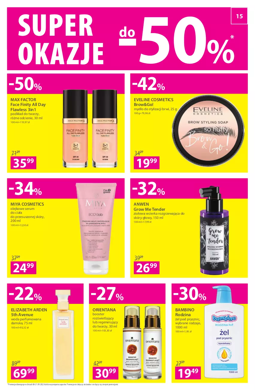 Gazetka promocyjna Hebe - Gazetka - ważna 08.09 do 21.09.2022 - strona 15 - produkty: Booster, Elizabeth Arden, Eveline, Fa, Max Factor, Miya Cosmetics, Mydło, Olej, Perfum, Podkład, Podkład do twarzy, Rum, Ser, Serum, Woda, Woda perfumowana