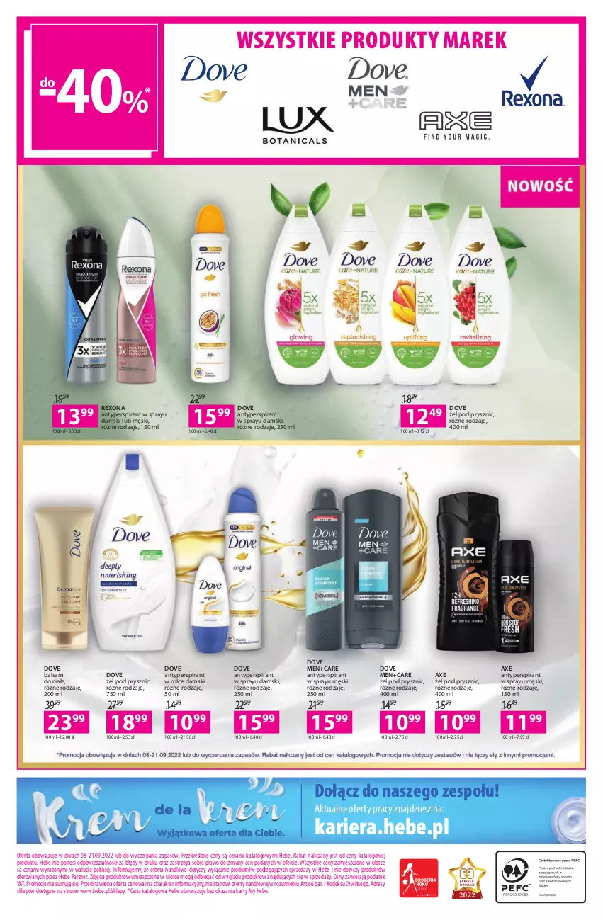 Gazetka promocyjna Hebe - Gazetka - ważna 08.09 do 21.09.2022 - strona 16 - produkty: Antyperspirant, Balsam do ciała, Dove, Dres, O nas, Rexona