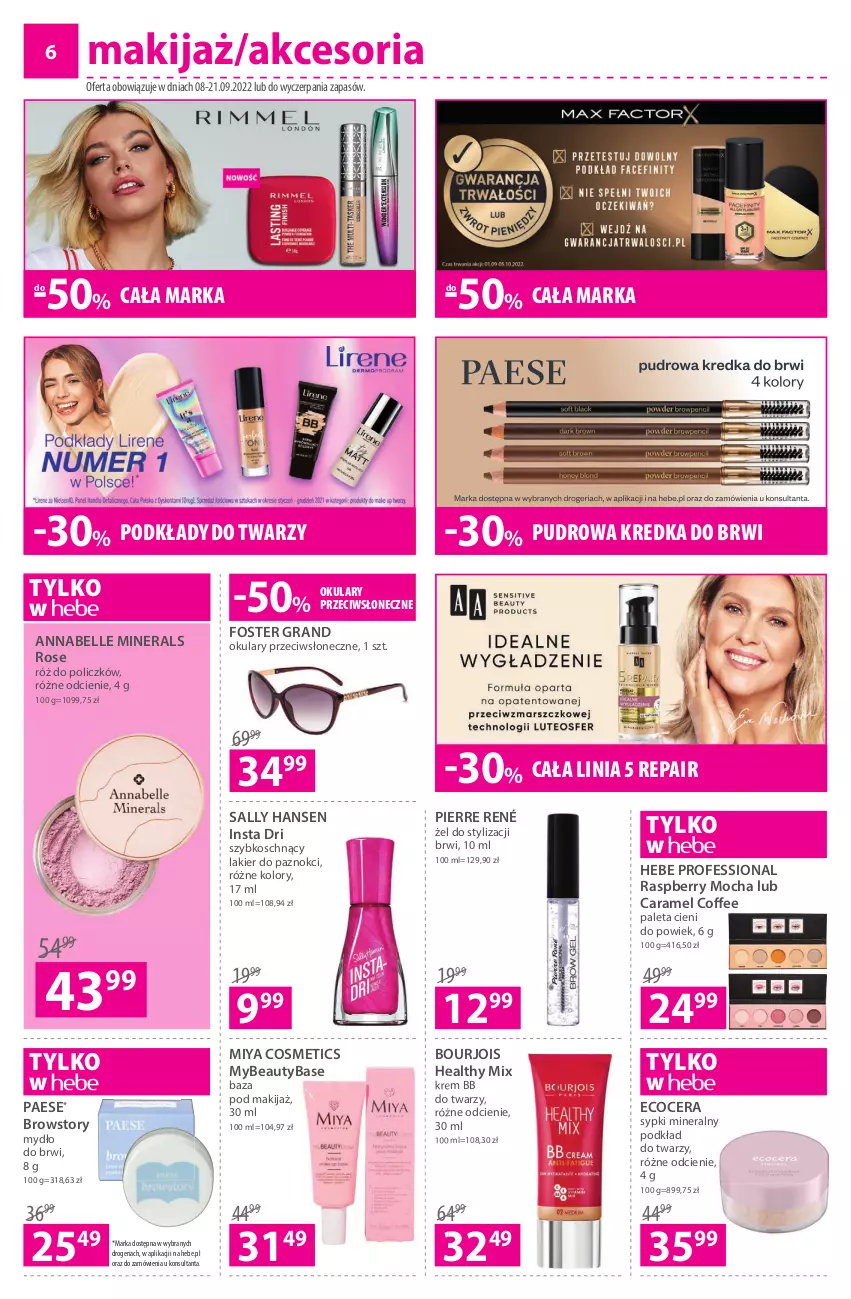 Gazetka promocyjna Hebe - Gazetka - ważna 08.09 do 21.09.2022 - strona 6 - produkty: Bell, Bourjois, Gra, Kredka, Kredka do brwi, Krem bb, Lakier, Lakier do paznokci, Makijaż, Miya Cosmetics, Mydło, PAESE, Paleta, Pierre René, Podkład, Podkład do twarzy, Róż do policzków, Sally Hansen