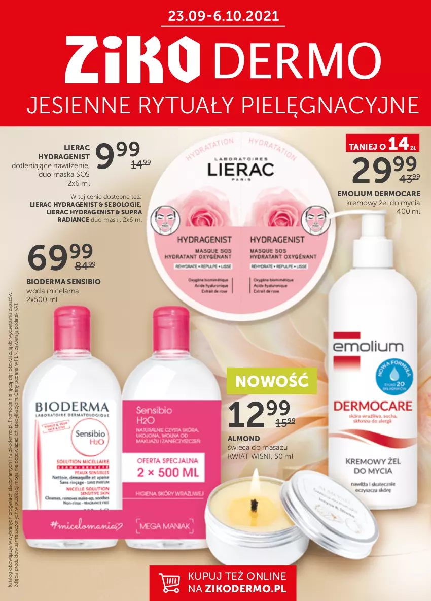 Gazetka promocyjna Ziko - 23 WRZEŚNIA – 6 PAŹDZIERNIKA - ważna 23.09 do 06.10.2021 - strona 1 - produkty: Bioderma, Emolium, Lierac, Maska, Sos, Woda, Woda micelarna