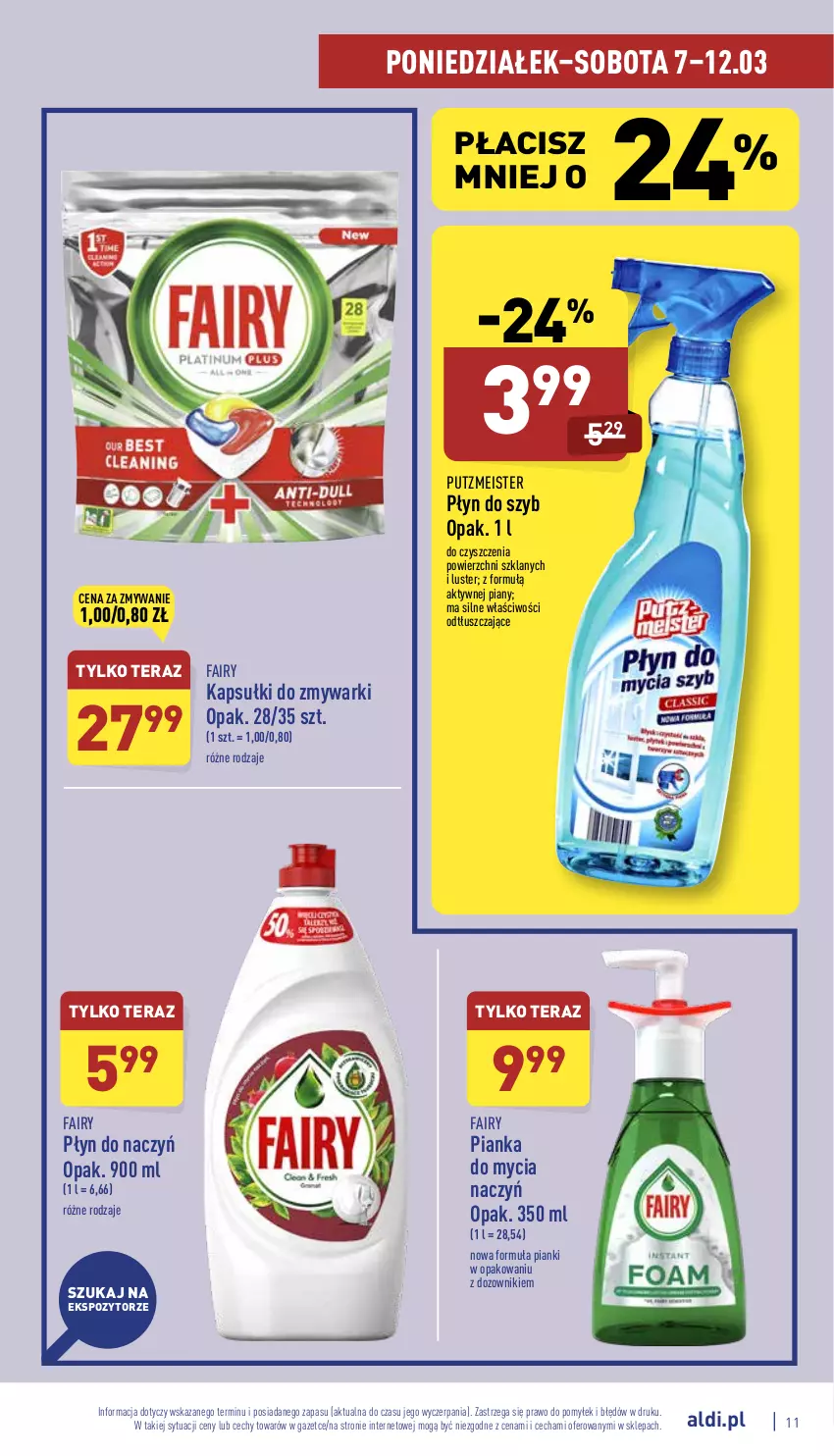 Gazetka promocyjna Aldi - Katalog spożywczy - ważna 07.03 do 12.03.2022 - strona 11 - produkty: Do mycia naczyń, Dozownik, Fa, Fairy, Płyn do szyb, Putzmeister, Tera, Zmywarki