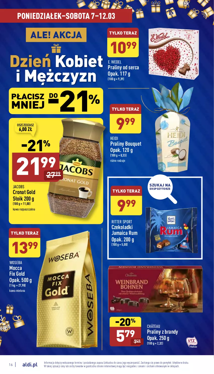 Gazetka promocyjna Aldi - Katalog spożywczy - ważna 07.03 do 12.03.2022 - strona 16 - produkty: Brandy, E. Wedel, Jacobs, Kawa, Kawa mielona, Kawa rozpuszczalna, Mocca Fix Gold, Por, Praliny, Ritter Sport, Rum, Ser, Sport, Tera, Woseba