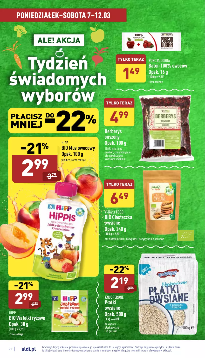 Gazetka promocyjna Aldi - Katalog spożywczy - ważna 07.03 do 12.03.2022 - strona 22 - produkty: Baton, HiPP, Hipp Bio, Kakao, Mus, Płatki owsiane, Por, Ryż, Tera