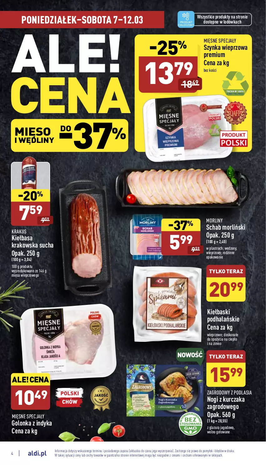 Gazetka promocyjna Aldi - Katalog spożywczy - ważna 07.03 do 12.03.2022 - strona 4 - produkty: Golonka z indyka, Kiełbasa, Kiełbasa krakowska, Krakus, Kurczak, Lazur, Lodówka, Mięsne specjały, Mięso, Morliny, Szynka, Szynka wieprzowa, Tera