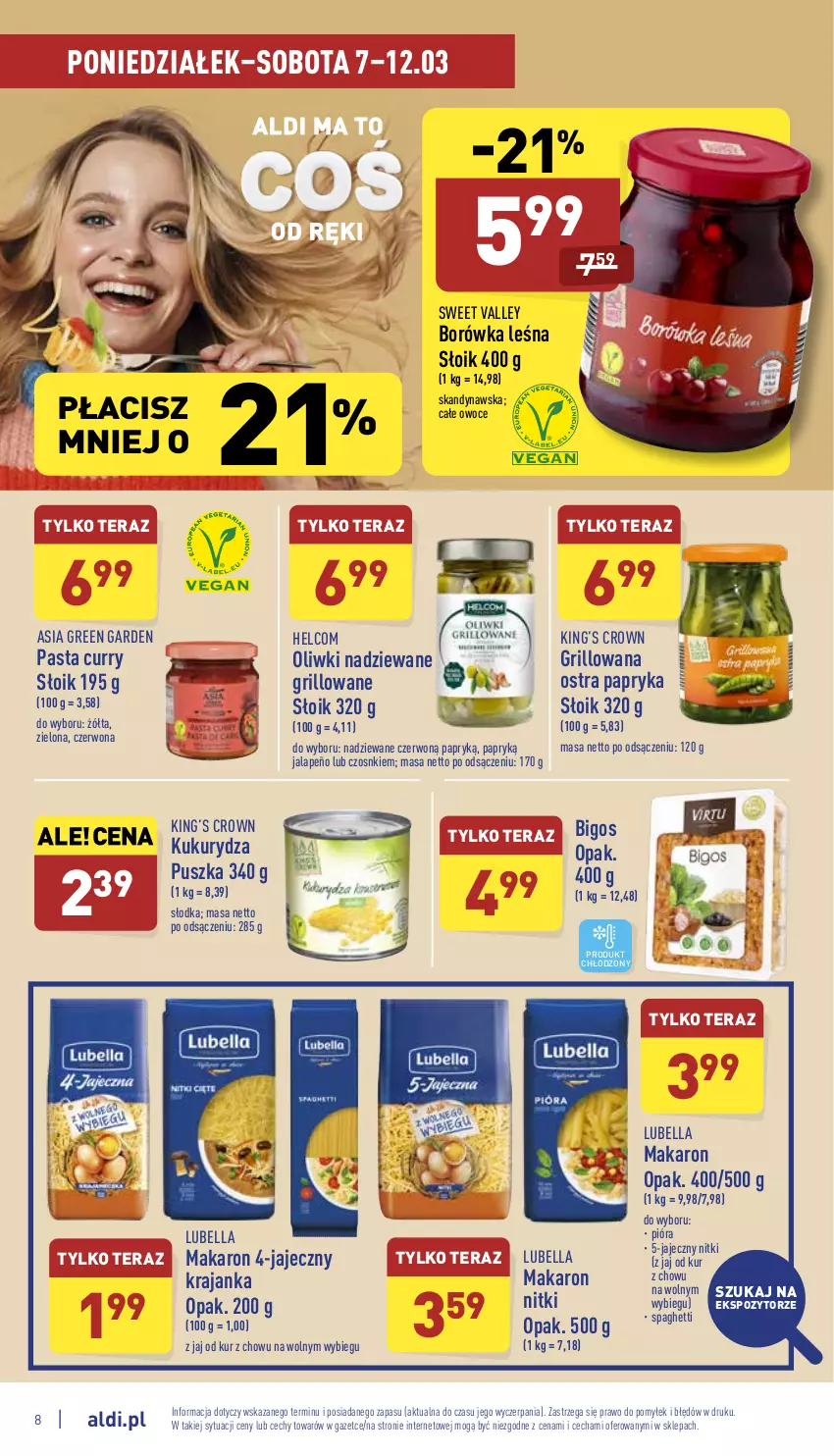 Gazetka promocyjna Aldi - Katalog spożywczy - ważna 07.03 do 12.03.2022 - strona 8 - produkty: Bell, Bella, Bigos, Borówka, Grill, HELCOM, King’s Crown, Kukurydza, Lubella, Makaron, Oliwki, Owoce, Papryka, Spaghetti, Tera