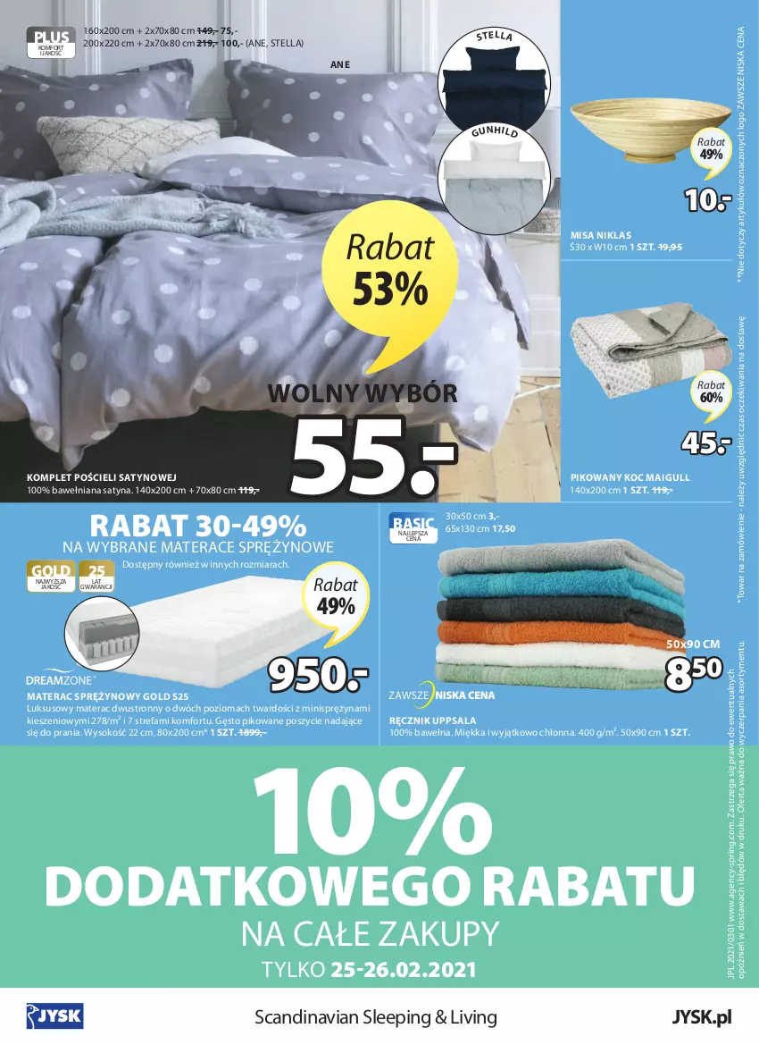 Gazetka promocyjna Jysk - Insipracje - ważna 24.02 do 09.03.2021 - strona 25 - produkty: Fa, Koc, Komplet pościeli, Materac, Materac sprężynowy, Pościel, Ręcznik, Sok, Tera, Wełna