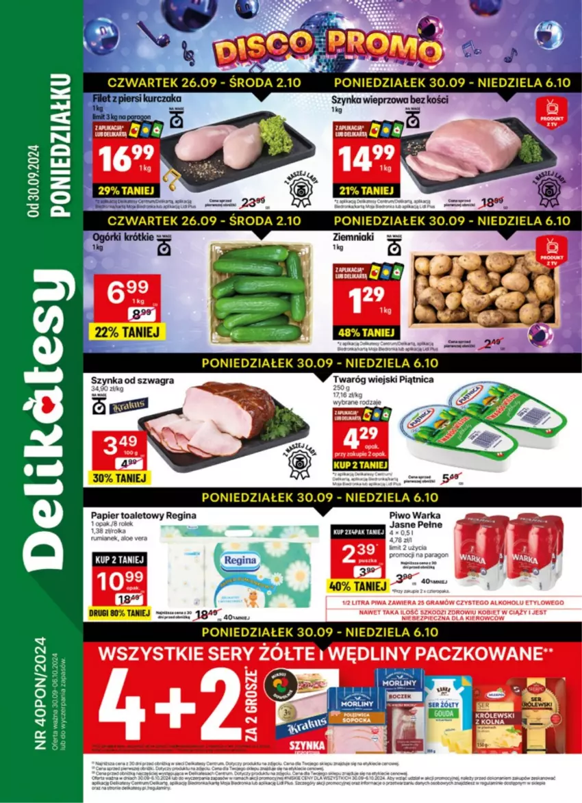 Gazetka promocyjna Delikatesy Centrum - NOWA GAZETKA Delikatesy Centrum od 30 września! 30.09-06.10.2024 - ważna 30.09 do 06.10.2024 - strona 1 - produkty: Dron, Gin, Gra, Papier, Papier toaletowy, Piątnica, Piwo, Rum, Ser, Szynka, Szynka wieprzowa, Twaróg, Warka, Ziemniaki