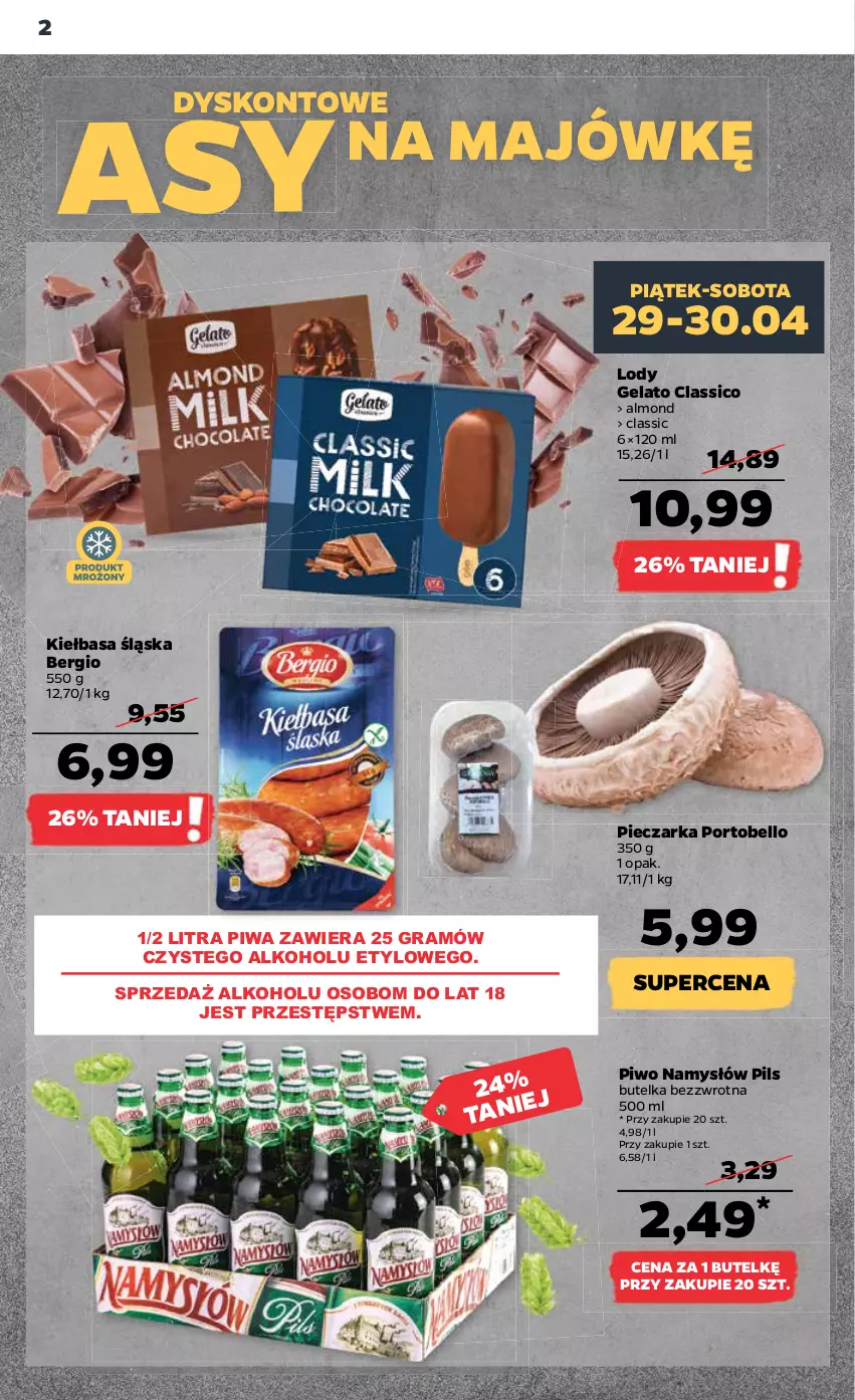 Gazetka promocyjna Netto - Gazetka spożywcza 28.04-4.05 - ważna 28.04 do 04.05.2022 - strona 2 - produkty: Bell, Gra, Kiełbasa, Kiełbasa śląska, Lody, Namysłów, Piec, Pieczarka, Piwa, Piwo, Por, Portobello