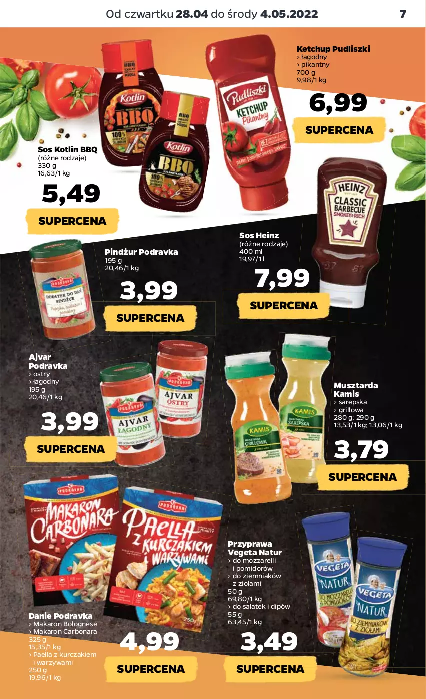 Gazetka promocyjna Netto - Gazetka spożywcza 28.04-4.05 - ważna 28.04 do 04.05.2022 - strona 7 - produkty: Grill, Heinz, Kamis, Ketchup, Kotlin, Kurczak, Makaron, Mus, Musztarda, Podravka, Pudliszki, Sałat, Sos, Vegeta, Vegeta Natur, Warzywa