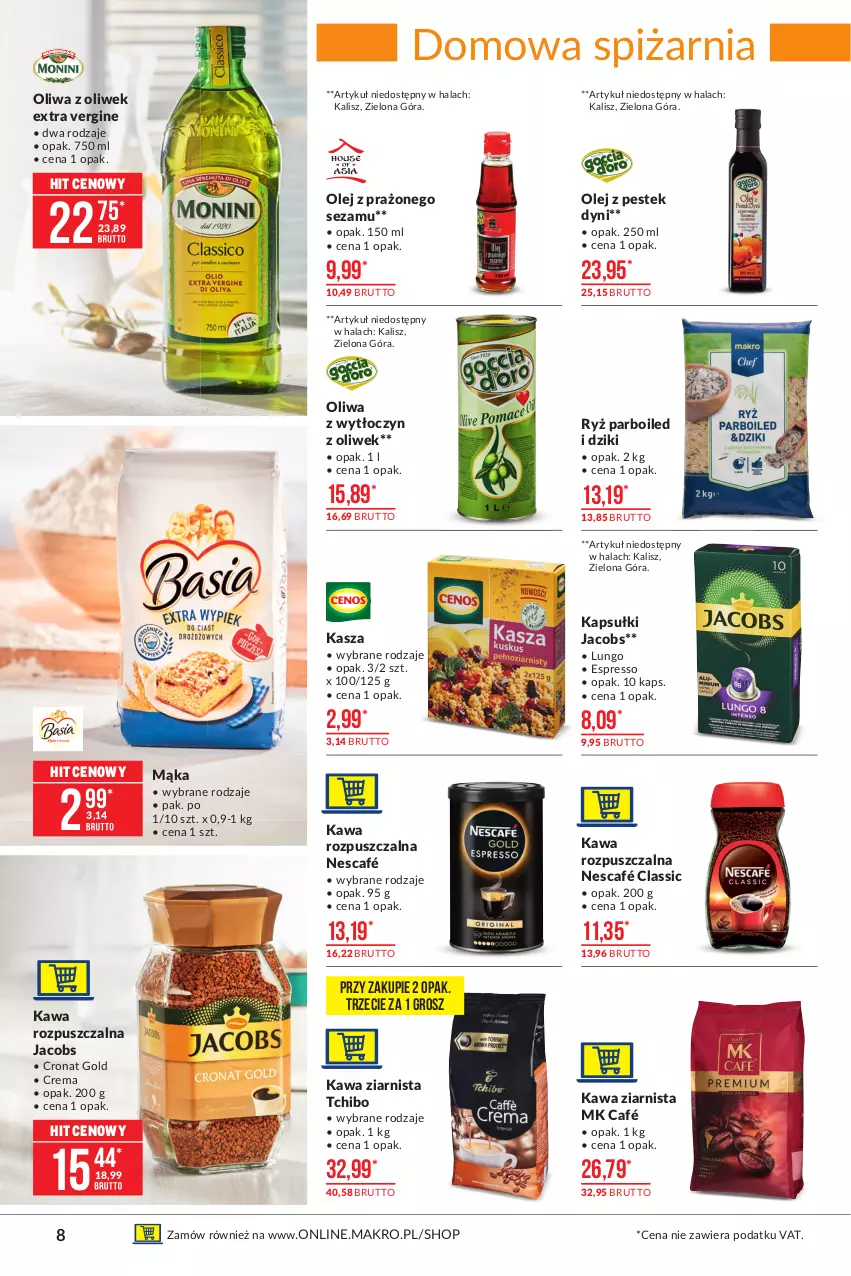 Gazetka promocyjna Makro - [Oferta promocyjna] Artykuły spożywcze - ważna 01.06 do 14.06.2021 - strona 8 - produkty: Gin, Jacobs, Kasza, Kawa, Kawa rozpuszczalna, Kawa ziarnista, Mąka, Nescafé, Olej, Oliwa z oliwek, Ryż, Ryż parboiled, Sezam, Stek, Tchibo