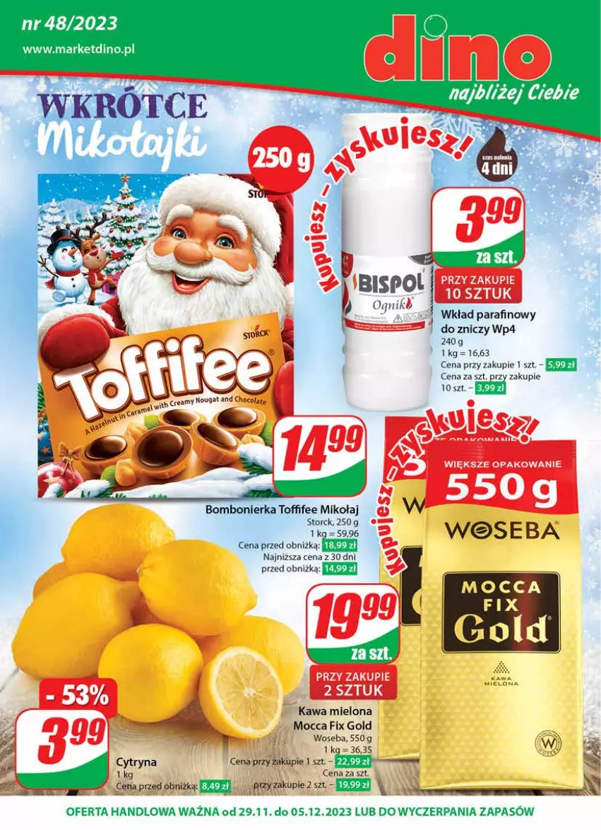 Gazetka promocyjna Dino - Gazetka 48 - ważna 28.11 do 05.12.2023 - strona 1 - produkty: Kawa, Kawa mielona, Mocca Fix Gold, Toffifee, Woseba, Znicz