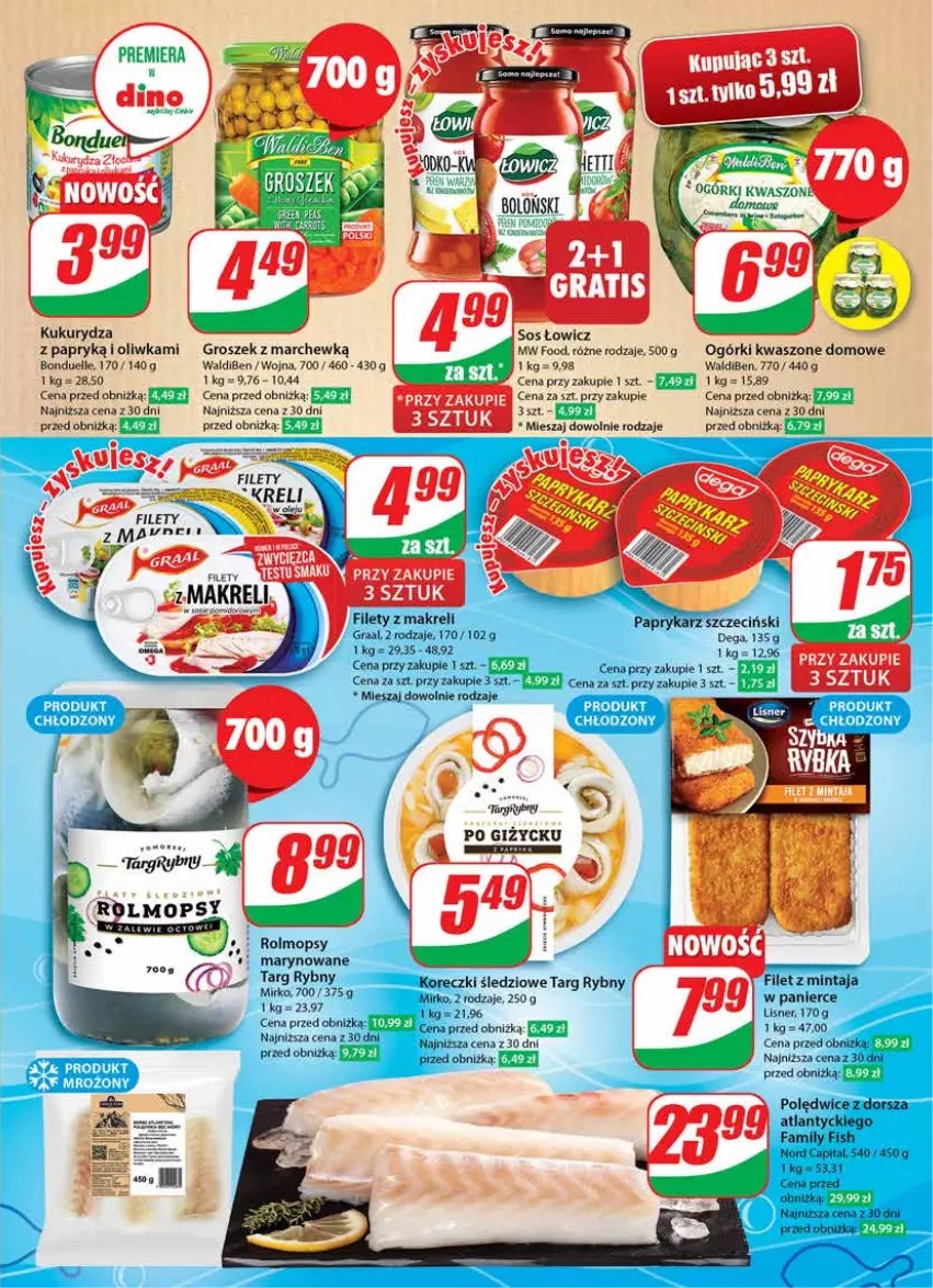 Gazetka promocyjna Dino - Gazetka 48 - ważna 28.11 do 05.12.2023 - strona 11 - produkty: Bonduelle, Dega, Dorsz, Ego Family, Fa, Filet z mintaja, Gra, Graal, Groszek, Koreczki śledziowe, Kukurydza, Lisner, Mintaj, Mop, Papryka, Paprykarz, Paprykarz szczeciński, Sos