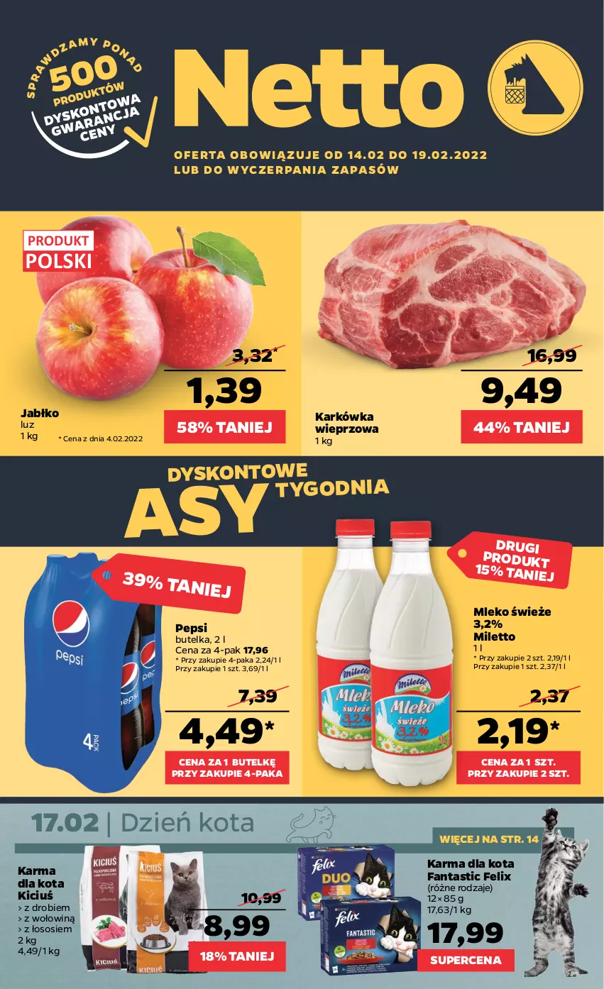 Gazetka promocyjna Netto - Gazetka spożywcza - ważna 14.02 do 19.02.2022 - strona 1 - produkty: Fa, Fanta, Felix, Karkówka wieprzowa, Mleko, Pepsi, Sos