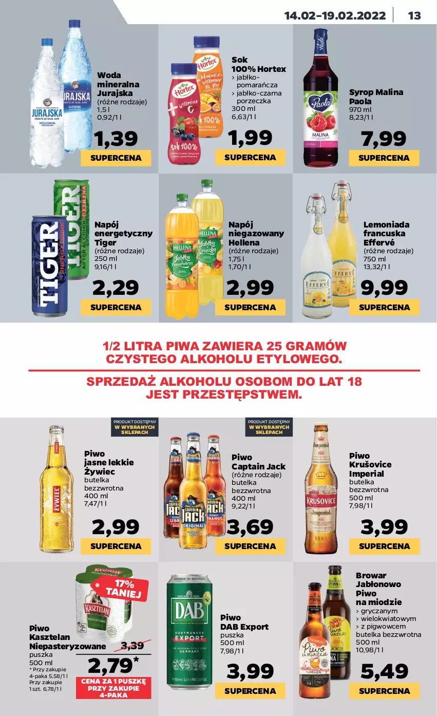 Gazetka promocyjna Netto - Gazetka spożywcza - ważna 14.02 do 19.02.2022 - strona 13 - produkty: Captain Jack, Gra, Gry, Hellena, Hortex, Kasztelan, Lemoniada, Napój, Napój energetyczny, Napój niegazowany, Paola, Piwa, Piwo, Piwo jasne, Por, Sok, Syrop, Tiger, Woda, Woda mineralna