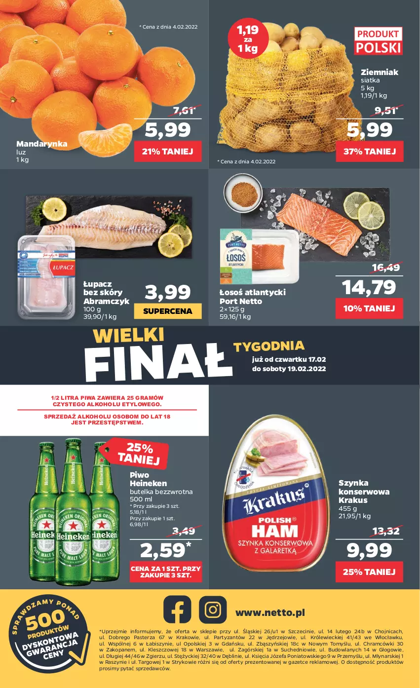 Gazetka promocyjna Netto - Gazetka spożywcza - ważna 14.02 do 19.02.2022 - strona 20 - produkty: Fa, Gra, Heineken, Krakus, Piwa, Piwo, Por, Ser, Siatka, Szynka, Szynka konserwowa