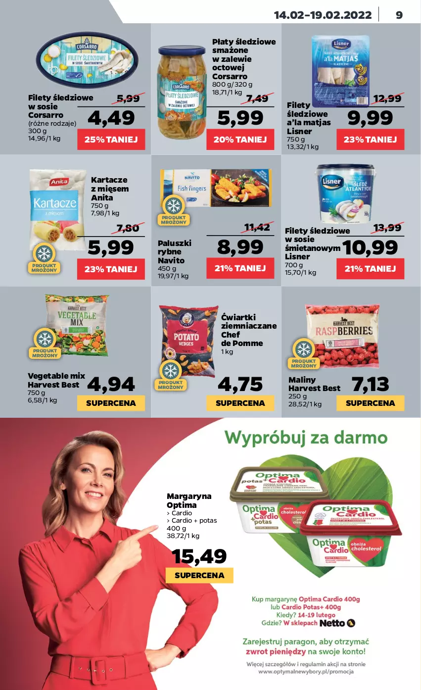 Gazetka promocyjna Netto - Gazetka spożywcza - ważna 14.02 do 19.02.2022 - strona 9 - produkty: Lisner, Maliny, Margaryna, Matjas, Optima, Paluszki rybne, Płaty śledziowe, Sos, Vegeta