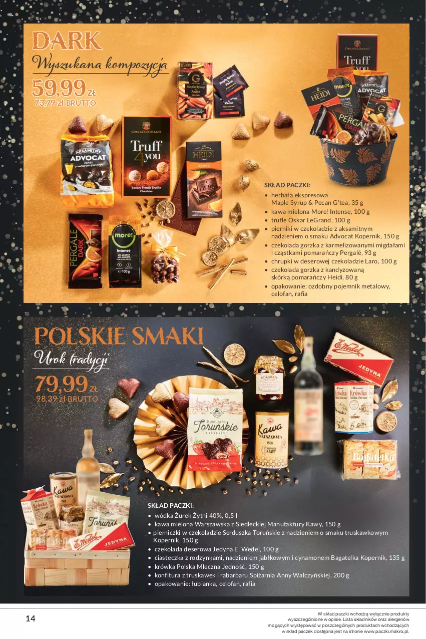 Gazetka promocyjna Makro - [Oferta specjalna] Świąteczne upominki - ważna 30.11 do 13.12.2021 - strona 14 - produkty: Aksam, Bianka, Chrupki, Czekolada, Czekolada gorzka, Deser, E. Wedel, Fa, Gra, Herbata, Kawa, Kawa mielona, Konfitura, Lody, Piernik, Pierniki w czekoladzie, Pojemnik, Ser, Wódka