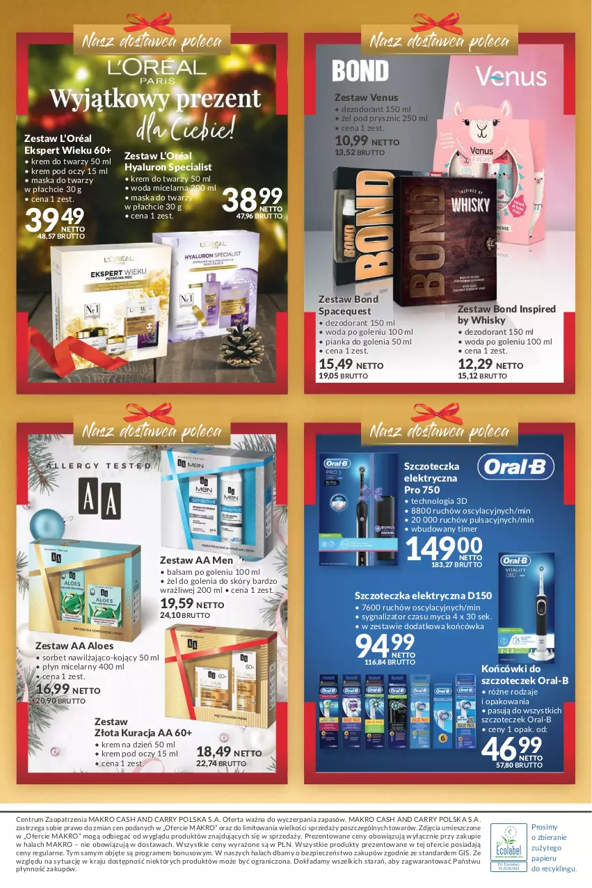 Gazetka promocyjna Makro - [Oferta specjalna] Świąteczne upominki - ważna 30.11 do 13.12.2021 - strona 8 - produkty: Balsam po goleniu, Dezodorant, Gra, Krem do twarzy, Krem na dzień, Krem pod oczy, L’Oréal, Maska, Maska do twarzy, Papier, Pianka do golenia, Piec, Płyn micelarny, Rum, Szczoteczka, Venus, Whisky, Woda, Woda micelarna, Woda po goleniu