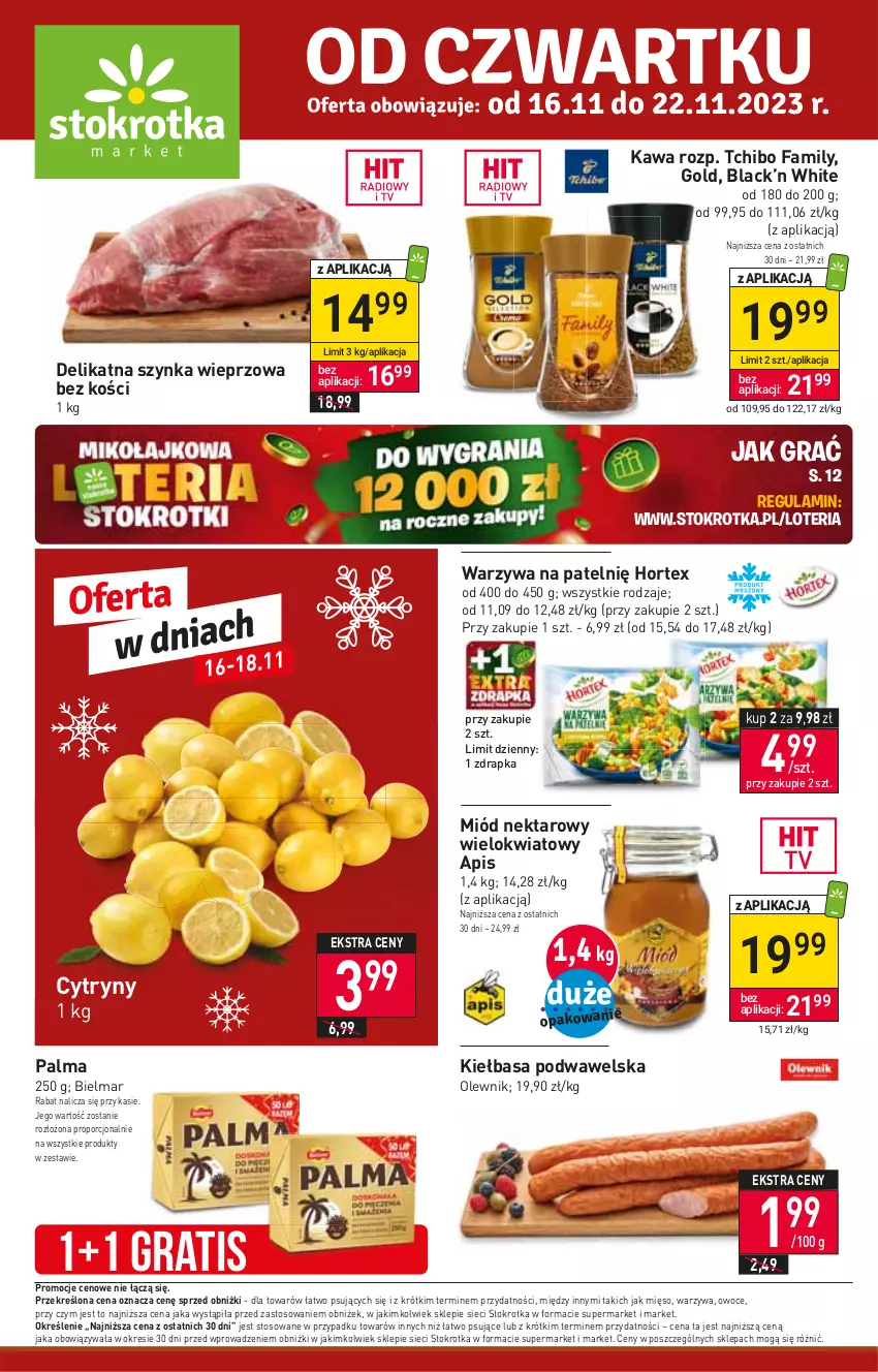 Gazetka promocyjna Stokrotka - Market - ważna 16.11 do 22.11.2023 - strona 1 - produkty: Cytryny, Fa, Gra, Hortex, Kawa, Kiełbasa, Kiełbasa podwawelska, Lack, Mięso, Miód, Nektar, Olewnik, Owoce, Palma, Por, Szynka, Szynka wieprzowa, Tchibo, Tchibo Family, Warzywa, Wawel