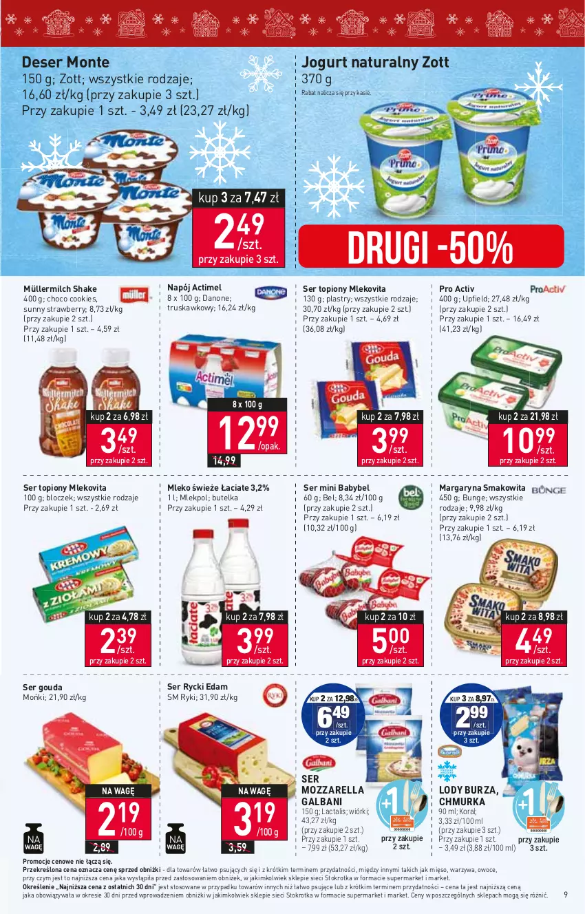 Gazetka promocyjna Stokrotka - Market - ważna 16.11 do 22.11.2023 - strona 11 - produkty: Actimel, Danone, Deser, Edam, Galbani, Gouda, Jogurt, Jogurt naturalny, Lody, Margaryna, Mięso, Mleko, Mlekovita, Monte, Mozzarella, Müller, Müllermilch, Napój, Owoce, Rycki Edam, Ser, Ser topiony, Smakowita, Top, Warzywa, Zott