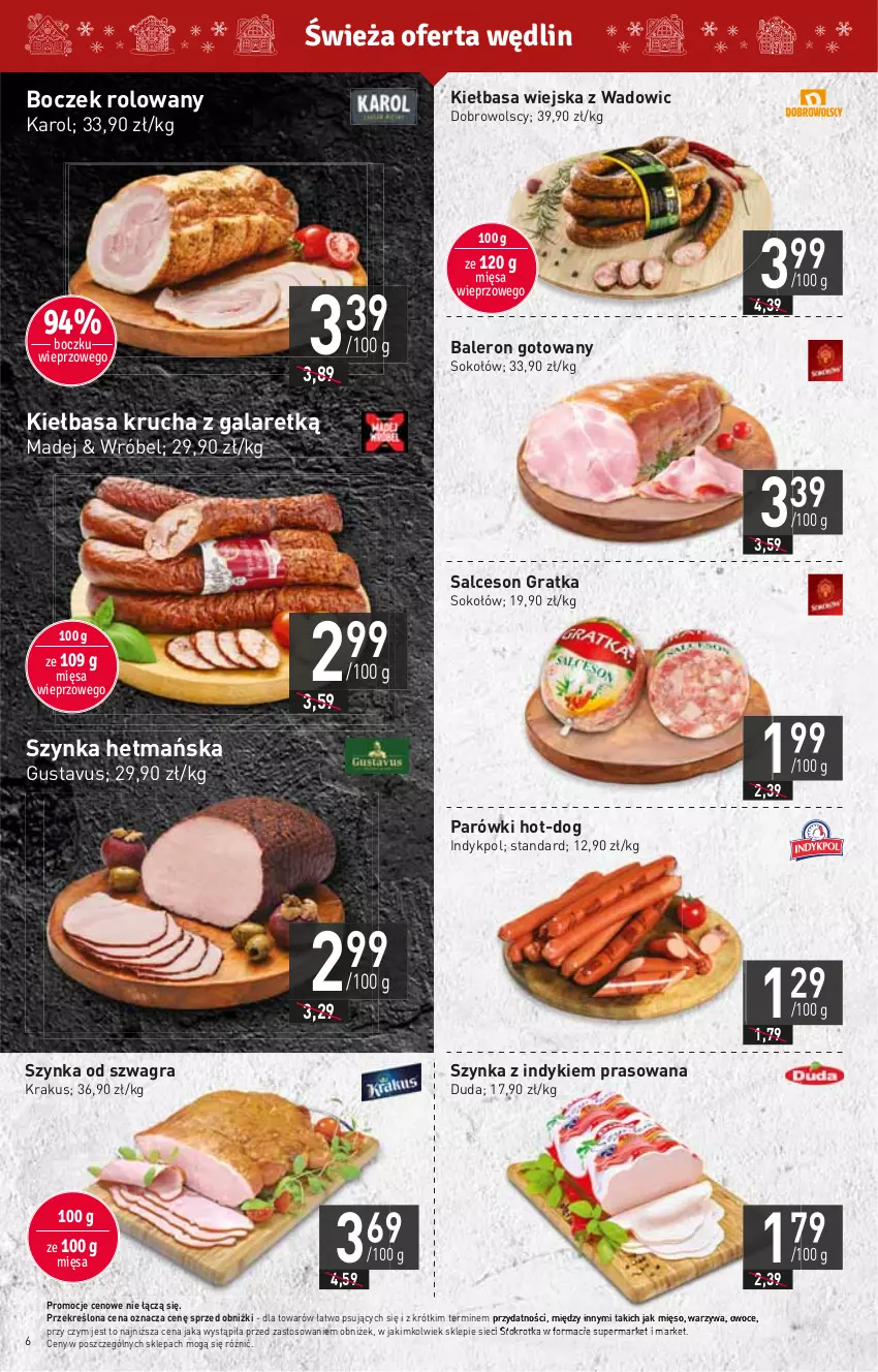 Gazetka promocyjna Stokrotka - Market - ważna 16.11 do 22.11.2023 - strona 8 - produkty: Boczek, Duda, Gala, Gra, HP, Kiełbasa, Kiełbasa krucha, Kiełbasa wiejska, Krakus, Mięso, Owoce, Parówki, Salceson, Sok, Sokołów, Szynka, Warzywa