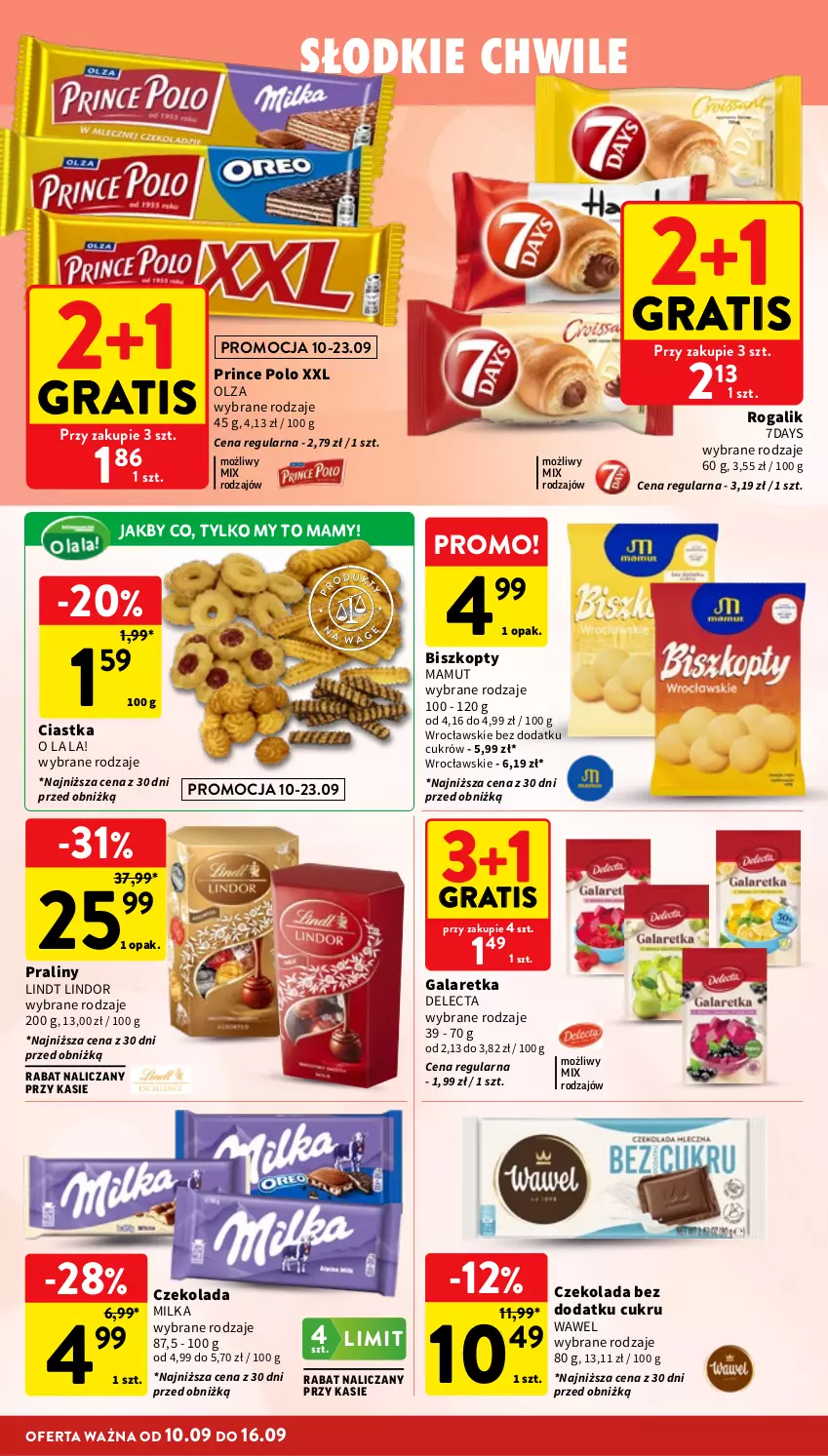Gazetka promocyjna Intermarche - Gazetka Intermarche - ważna 10.09 do 16.09.2026 - strona 24 - produkty: Biszkopty, Ciastka, Czekolada, Delecta, Gala, Galaretka, Gra, Lindor, Lindt, Milka, Praliny, Prince Polo, Rogal, Wawel