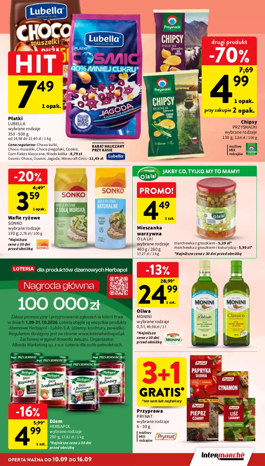 Gazetka promocyjna Intermarche - Gazetka Intermarche - ważna 10.09 do 16.09.2026 - strona 25 - produkty: Bell, Bella, Chipsy, Corn flakes, Dżem, Gra, Herbapol, Lubella, Marchewka, Mieszanka warzyw, Minecraft, Monini, Mus, Prymat, Przysnacki, Ryż, Sonko, Wafle