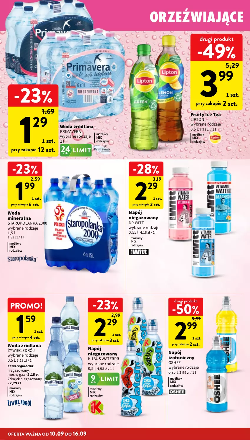 Gazetka promocyjna Intermarche - Gazetka Intermarche - ważna 10.09 do 16.09.2026 - strona 28 - produkty: Ice tea, Kubuś, Kubuś Waterrr, LANA, Lipton, Napój, Napój izotoniczny, Napój niegazowany, Oshee, Prima, Primavera, Staropolanka, Woda, Woda mineralna