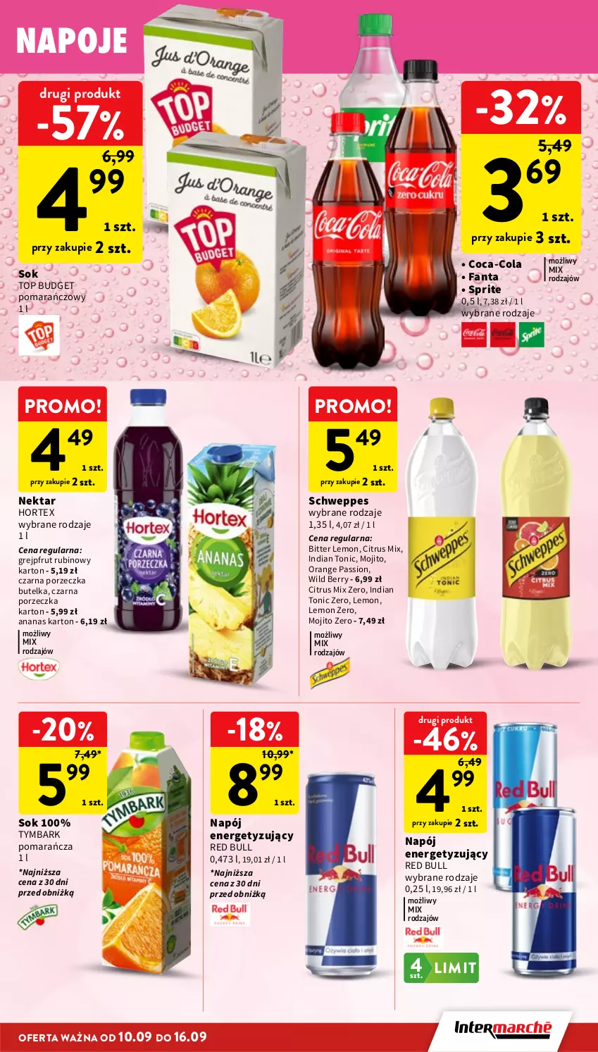 Gazetka promocyjna Intermarche - Gazetka Intermarche - ważna 10.09 do 16.09.2026 - strona 29 - produkty: Ananas, Coca-Cola, Fa, Fanta, Grejpfrut, Hortex, Napój, Napoje, Nektar, Por, Red Bull, Rubin, Schweppes, Sok, Sprite, Top, Tymbark