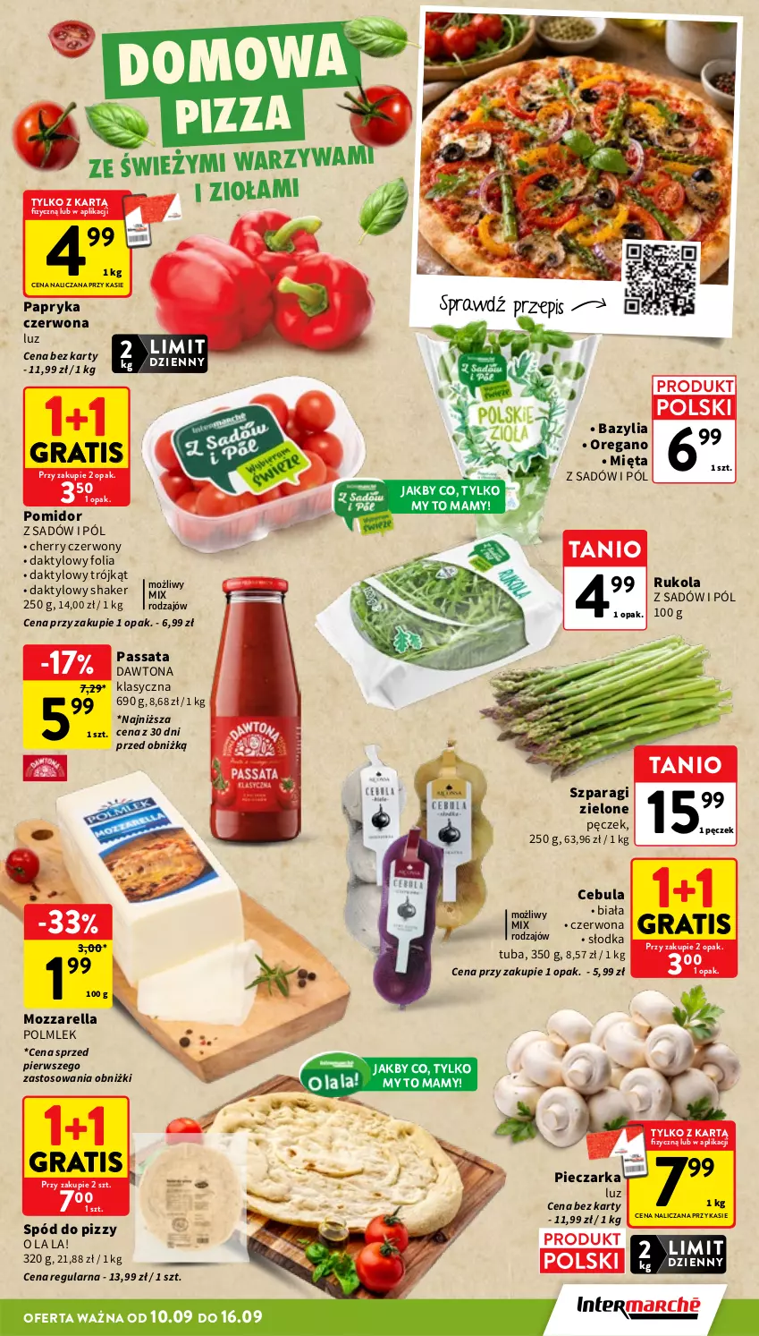 Gazetka promocyjna Intermarche - Gazetka Intermarche - ważna 10.09 do 16.09.2026 - strona 9 - produkty: Bazyl, Bazylia, Cebula, Dawtona, Gra, Mięta, Mozzarella, Papryka, Papryka czerwona, Piec, Pieczarka, Pizza, POLMLEK, Rukola, Spód do pizzy