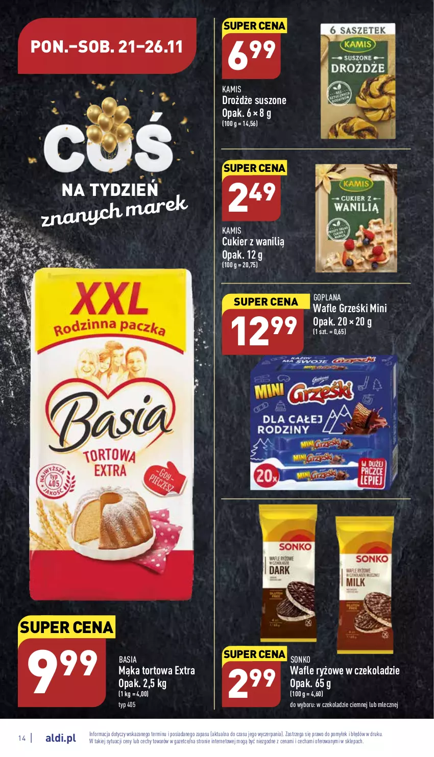 Gazetka promocyjna Aldi - Pełny katalog - ważna 21.11 do 26.11.2022 - strona 14 - produkty: Basia, Cukier, Drożdże, Goplana, Grześki, Kamis, LANA, Mąka, Mąka tortowa, Ryż, Sonko, Wafle