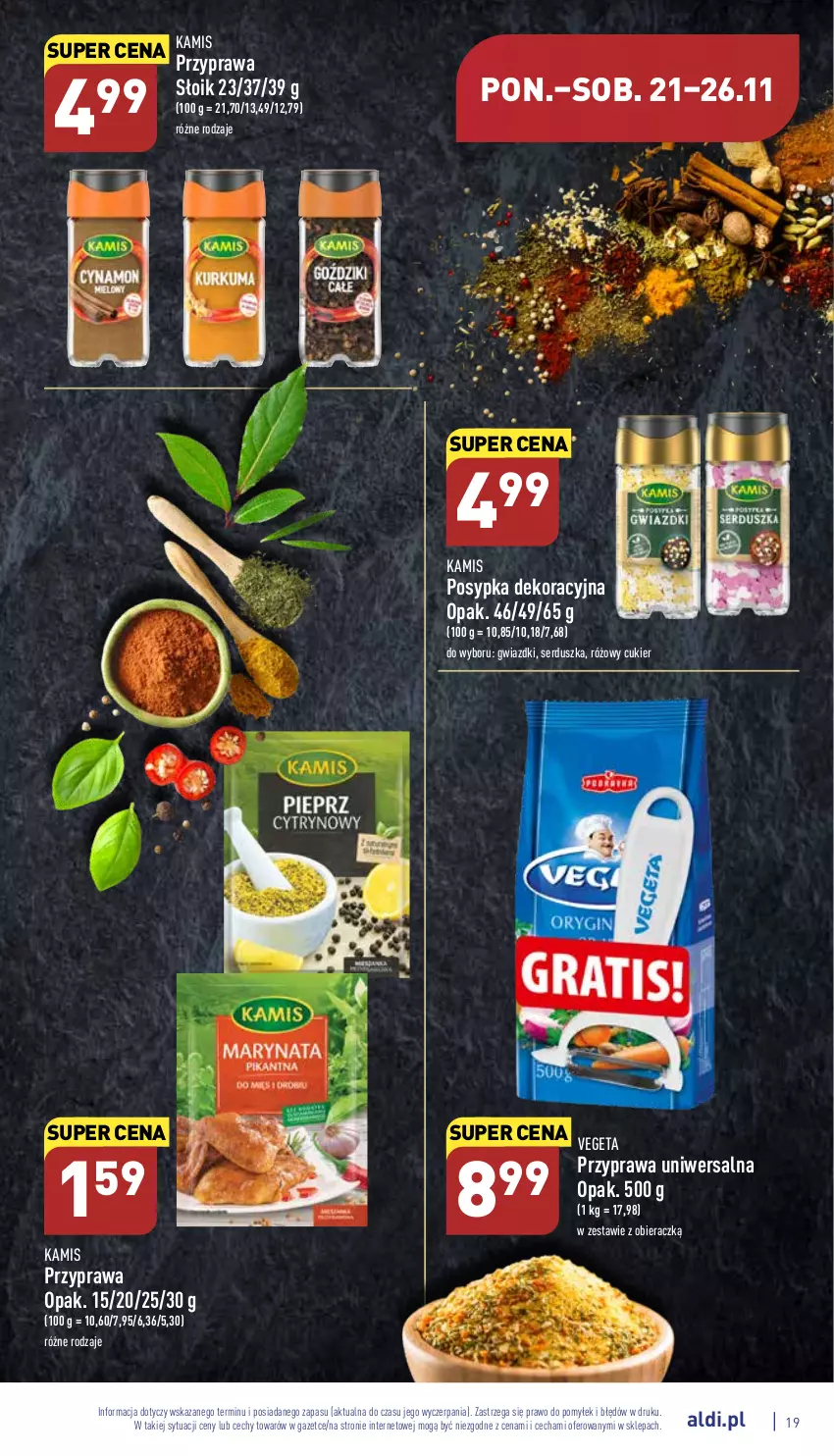 Gazetka promocyjna Aldi - Pełny katalog - ważna 21.11 do 26.11.2022 - strona 19 - produkty: Cukier, Kamis, Przyprawa uniwersalna, Ser, Vegeta