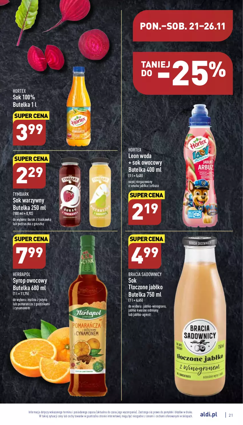 Gazetka promocyjna Aldi - Pełny katalog - ważna 21.11 do 26.11.2022 - strona 21 - produkty: Arbuz, Gres, Herbapol, Hortex, Jabłka, Leon, Napój, Napój niegazowany, Pietruszka, Sok, Syrop, Tymbark, Wino, Woda