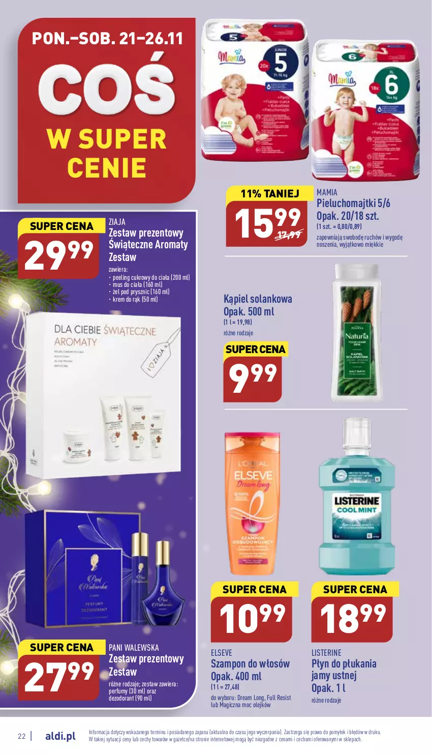 Gazetka promocyjna Aldi - Pełny katalog - ważna 21.11 do 26.11.2022 - strona 22 - produkty: Dezodorant, Elseve, Krem do rąk, Listerine, Majtki, Mus, Olej, Peeling, Perfum, Pieluchomajtki, Płyn do płukania, Płyn do płukania jamy ustnej, Solan, Szampon, Zestaw prezentowy, Ziaja