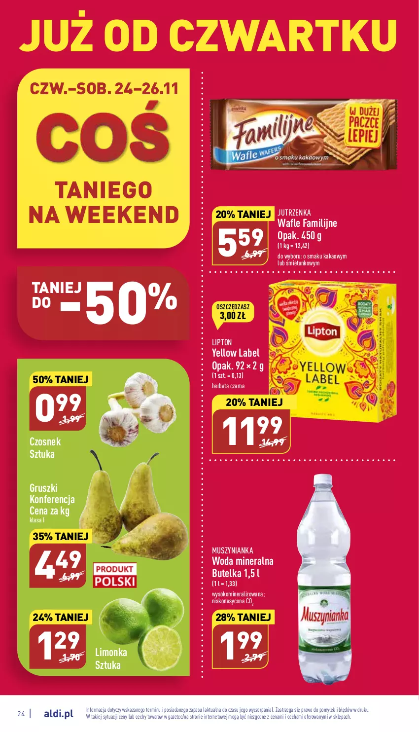 Gazetka promocyjna Aldi - Pełny katalog - ważna 21.11 do 26.11.2022 - strona 24 - produkty: Czosnek, Fa, Gruszki, Herbata, Herbata czarna, Jutrzenka, Kakao, Limonka, Lipton, Mus, Muszynianka, Sok, Wafle, Woda, Woda mineralna