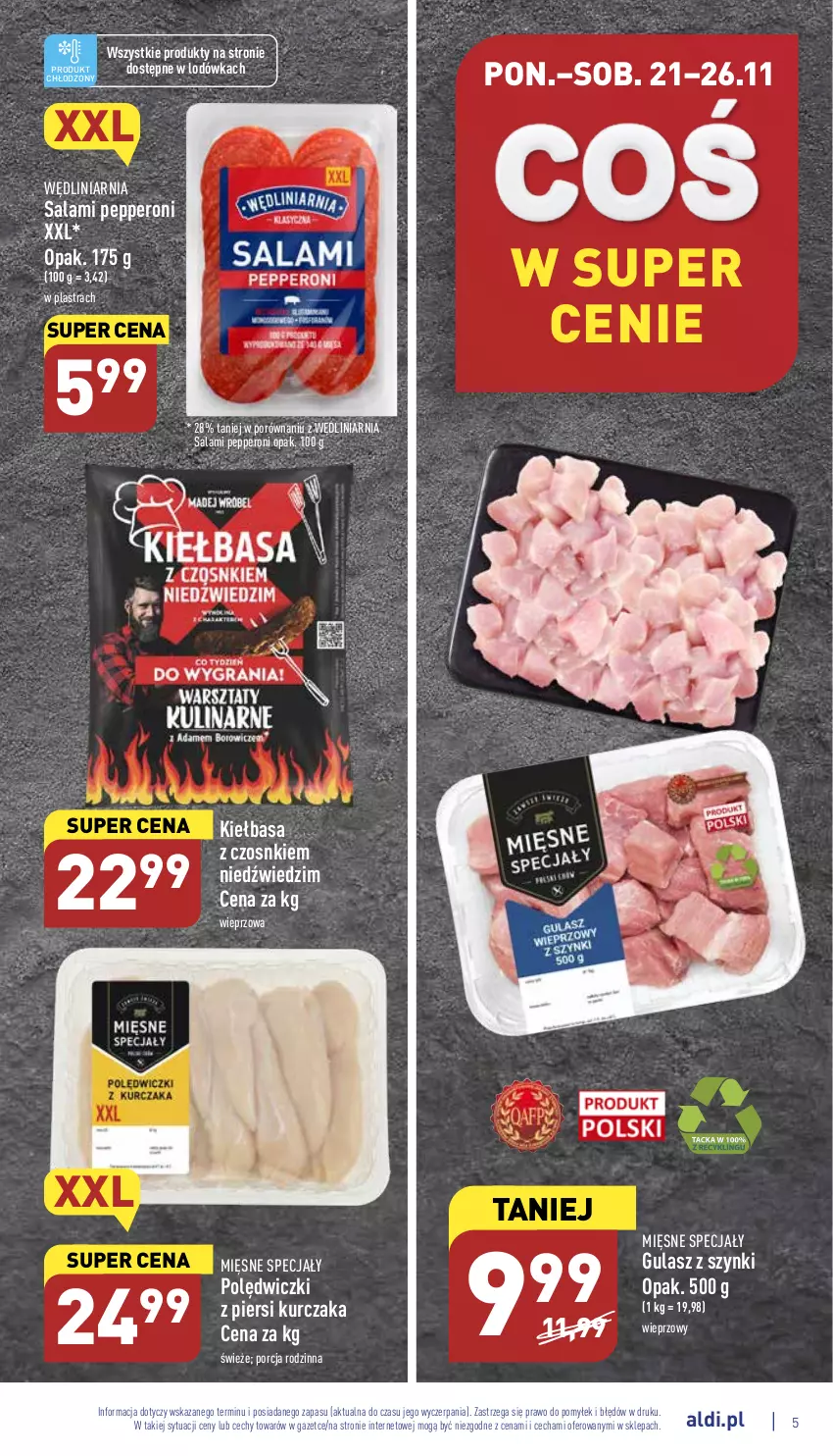 Gazetka promocyjna Aldi - Pełny katalog - ważna 21.11 do 26.11.2022 - strona 5 - produkty: Kiełbasa, Kurczak, Lodówka, Mięsne specjały, Por, Salami