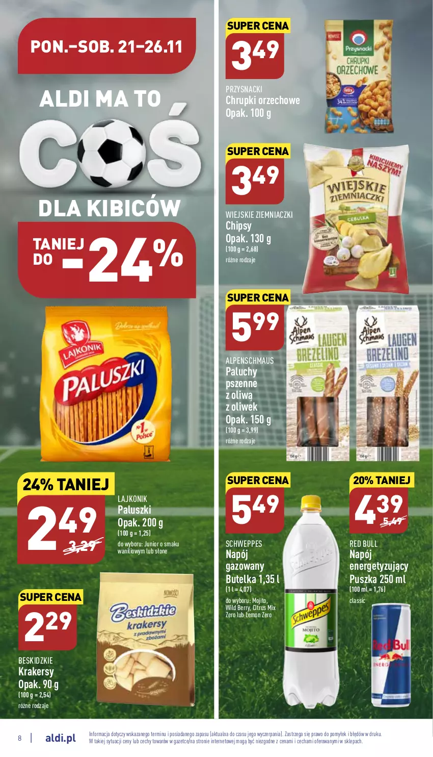 Gazetka promocyjna Aldi - Pełny katalog - ważna 21.11 do 26.11.2022 - strona 8 - produkty: Beskidzki, BIC, Chipsy, Chrupki, Krakersy, Lajkonik, Napój, Napój gazowany, Przysnacki, Red Bull, Schweppes