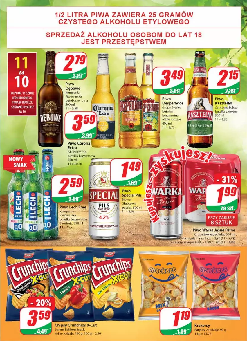 Gazetka promocyjna Dino - Gazetka - ważna 14.04 do 20.04.2021 - strona 15 - produkty: Carlsberg, Chipsy, Crunchips, Desperados, Kasztelan, Krakersy, Lorenz, Piwo, Piwo jasne, Warka