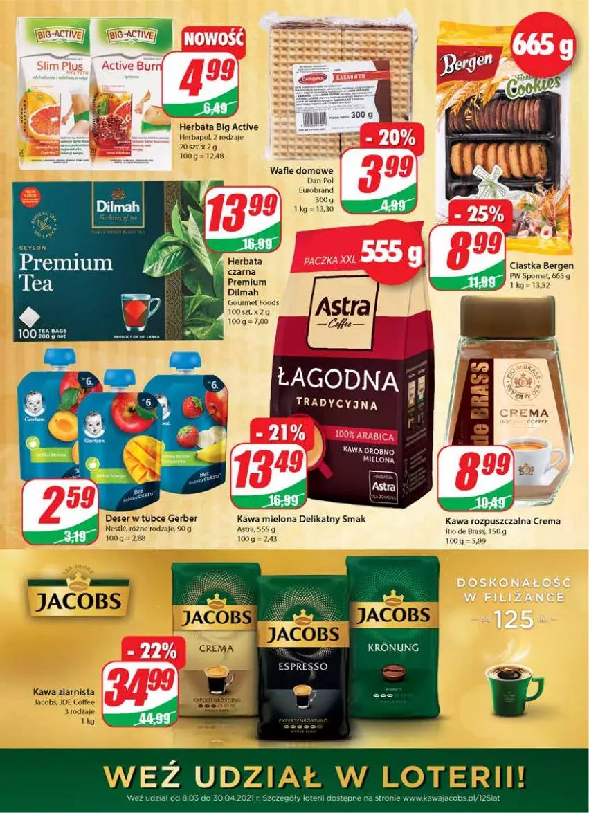 Gazetka promocyjna Dino - Gazetka - ważna 14.04 do 20.04.2021 - strona 4 - produkty: Ciastka, Deser, Dilmah, Gerber, Herbapol, Herbata, Herbata czarna, Jacobs, Kawa, Kawa mielona, Kawa rozpuszczalna, Kawa ziarnista, Ser, Wafle