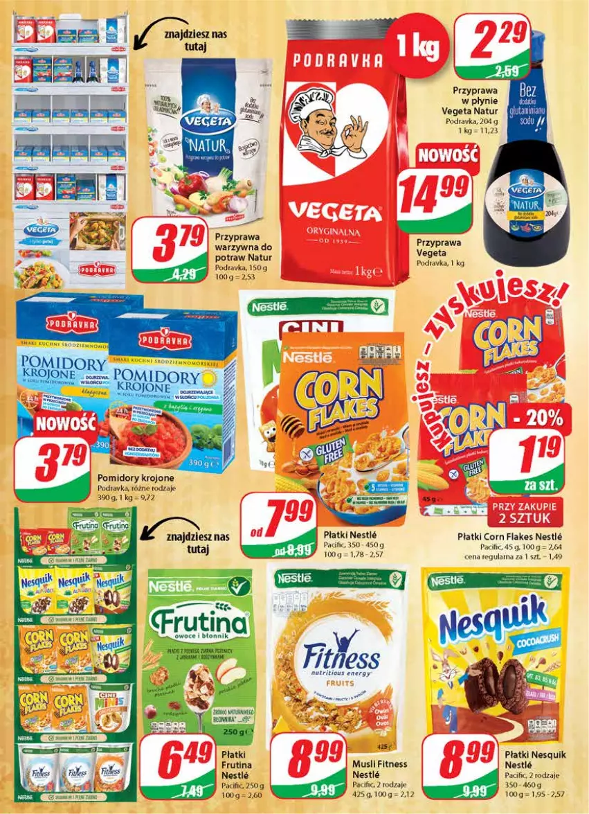 Gazetka promocyjna Dino - Gazetka - ważna 14.04 do 20.04.2021 - strona 6 - produkty: Cif, Corn flakes, Mus, Nesquik, Owoce, Podravka, Pomidory, Pomidory krojone, Przyprawa w płynie, Przyprawa warzywna do potraw, Vegeta, Vegeta Natur