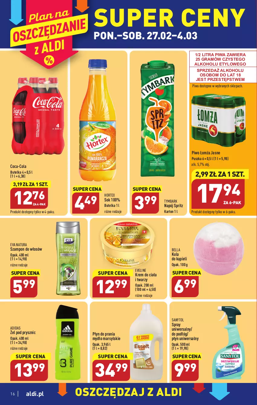 Gazetka promocyjna Aldi - Pełny katalog - ważna 27.02 do 04.03.2023 - strona 16 - produkty: Adidas, Bell, Bella, Coca-Cola, Eveline, Gra, Hortex, Krem do ciała, Kula do kąpieli, Mars, Mydło, Napój, Piwa, Piwo, Płyn do prania, Sanytol, Sok, Szampon, Tymbark